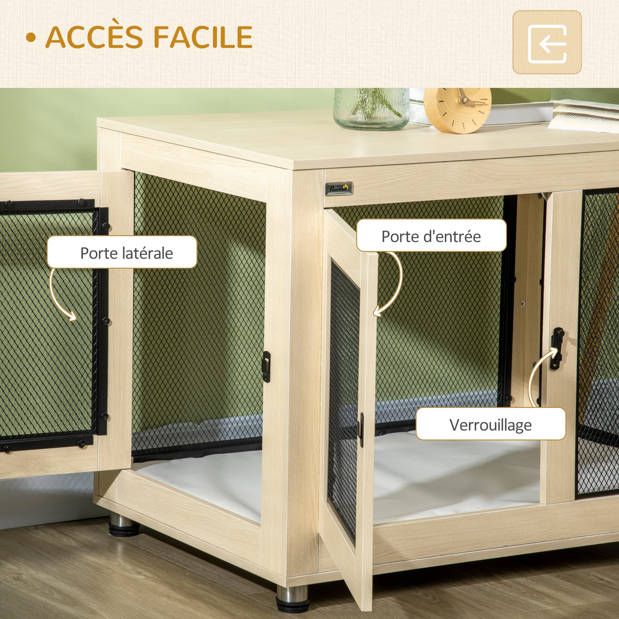 PawHut Cage pour Chiens Interieur, Table d'appoint, Cage Chien de Taille Grand avec 2 Portes, Coussin Amovible, Plateau, résistants aux morsures, 94 x 60 x 71,5 cm, Aspect Bois