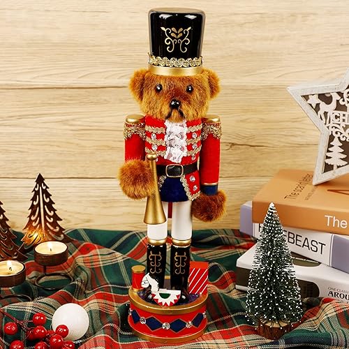 Miniatura 5 de Joliyoou figura de cascanueces de Navidad, adorno de cascanueces de madera de 14 pulgadas, adorno de oso con trompeta, decoración grande