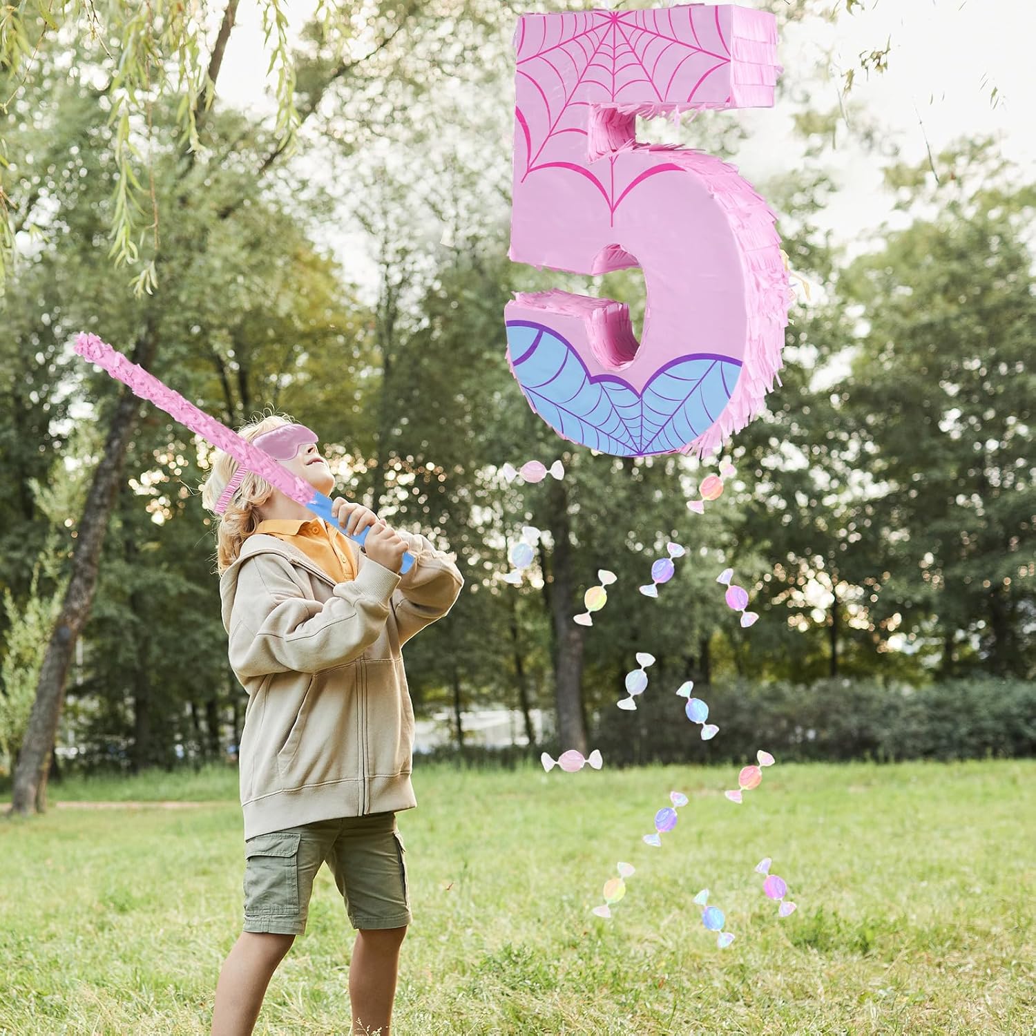 Pink Spider Web Number 5 Pinata, 16 Inch Spider Web Piñata for Boys Girls 5th Birthday Party Decorations with Stick and Blindfold (Spider Web Number 5 Pinata)