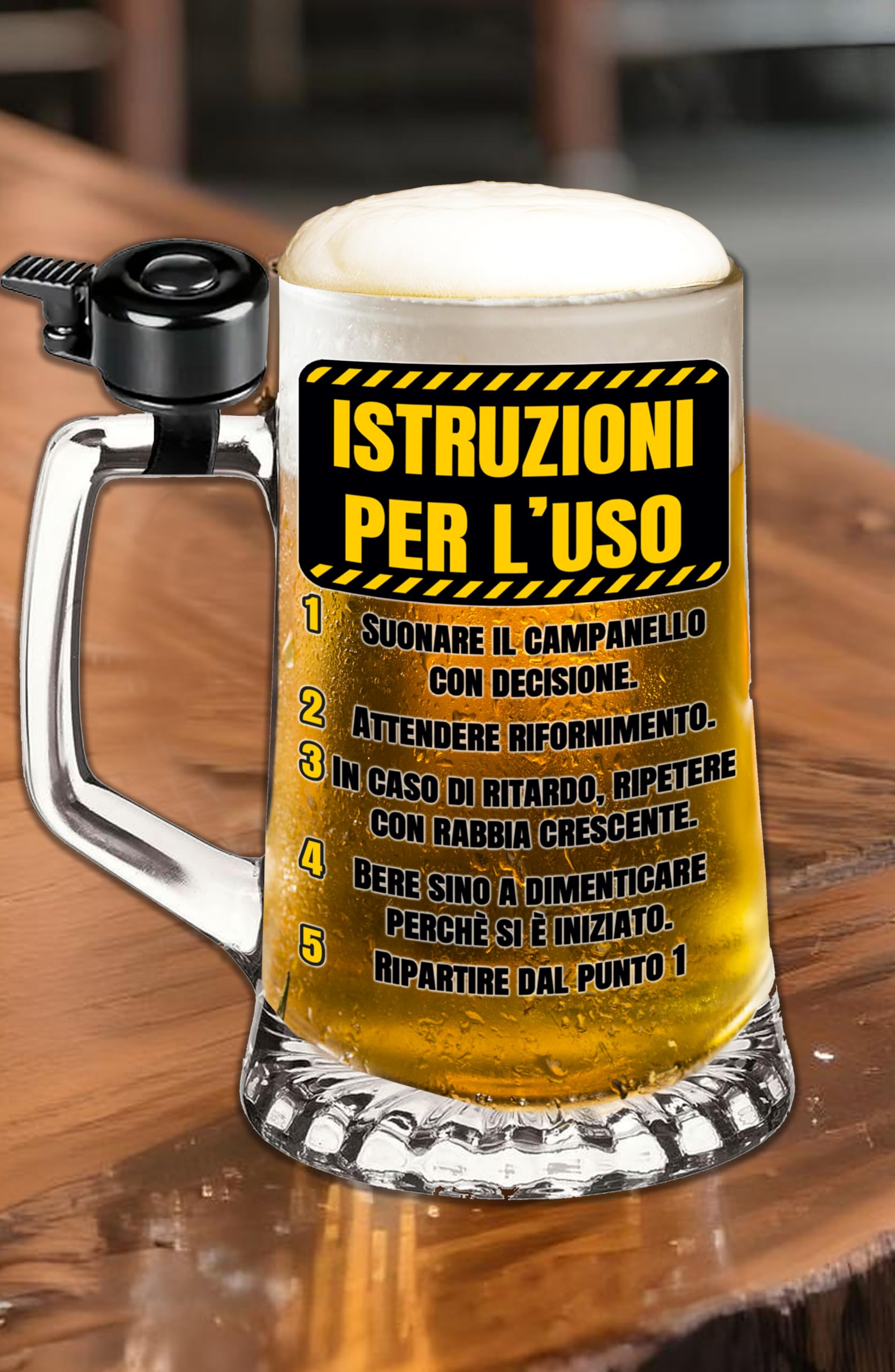Bombo Boccale da Birra in vetro con Campanello – Stampa Colorata “Istruzioni per l’uso…” con Indicazioni Divertenti – Idea Regalo Spassosa per Amici e Feste
