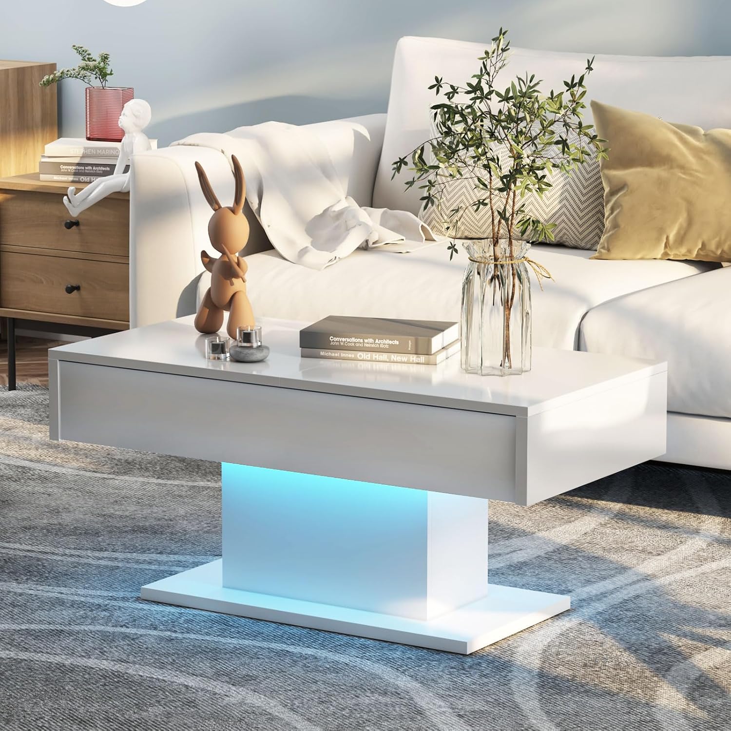 Led Coffee Table for Living Room, Living Room Table Rectangular Center Table, Modern High Glossy Wooden Coffee Tables with 16 Colors LED Lights for Dining Reception Room, Grey