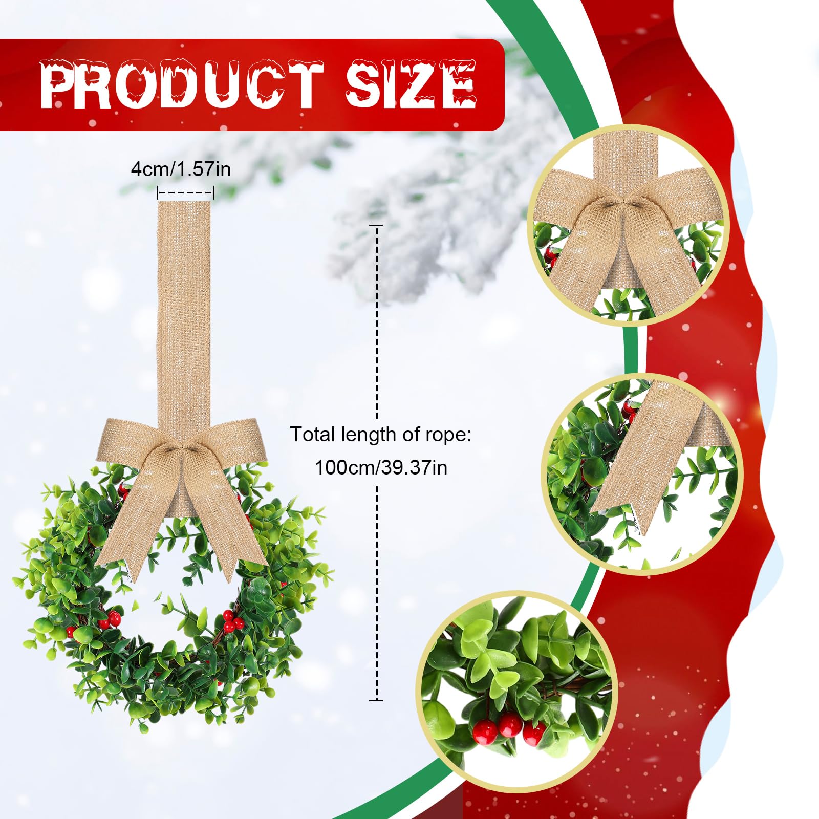Jexine Lot de 6 décorations de Noël en toile de jute, 4 nœuds en ruban festif et 2 couronnes de Noël à suspendre avec nœud pour Noël et maison
