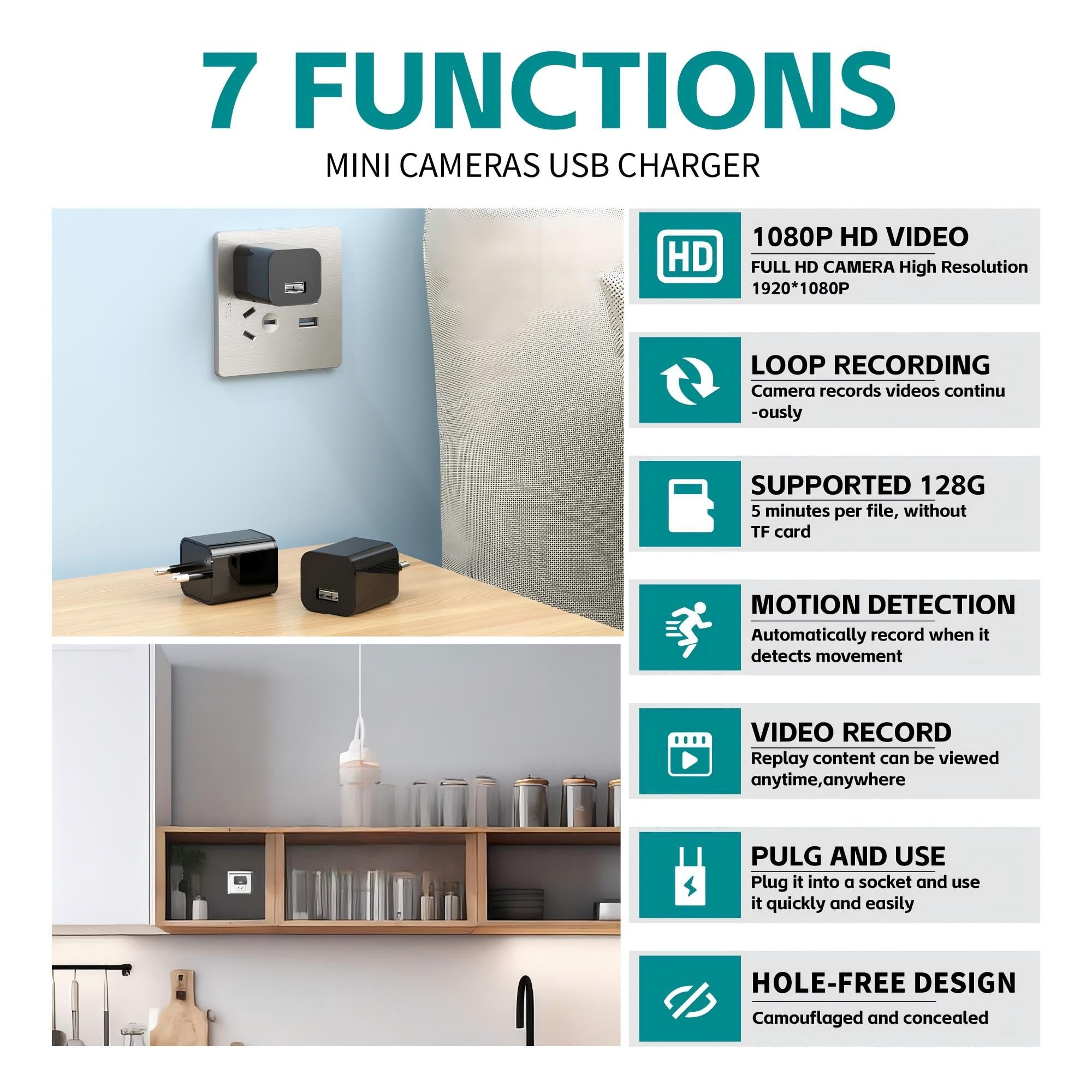 DUVIX Caméra Espion Cachée Chargeur USB 64GB 1080P HD, Caméra de Surveillance avec Détection de Mouvement et Vision Nocturne, Mini Caméra Sécurité Portable Maison Bureau