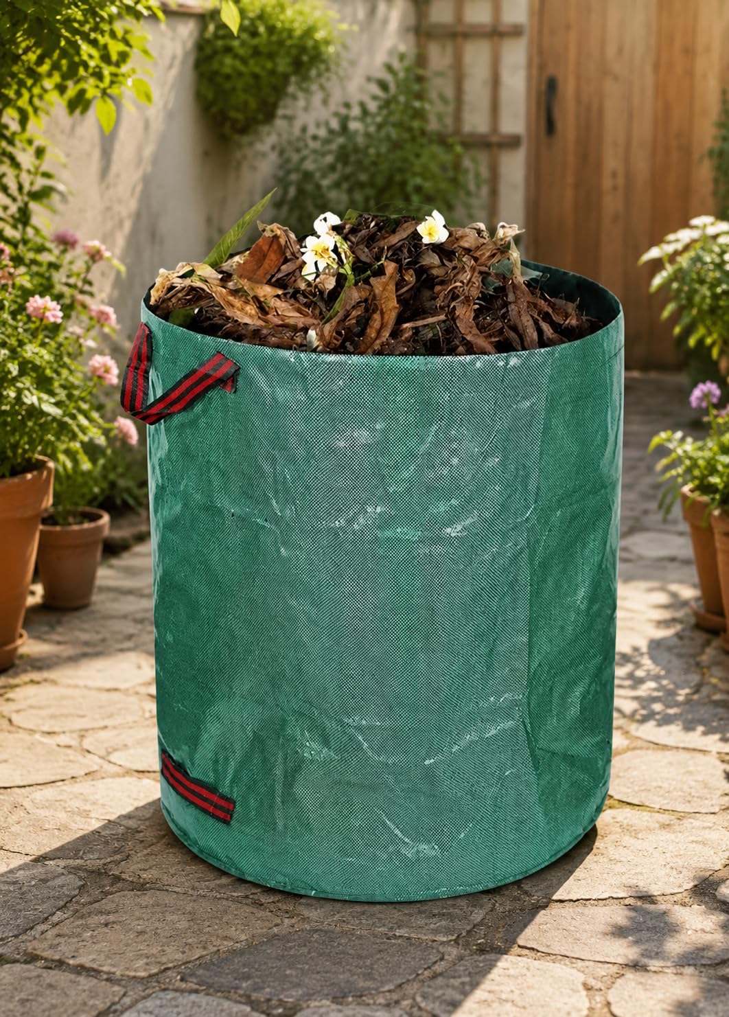 Bolsa de basura de jardín reutilizable resistente, bolsa plegable de 120 L para hojas de basura, bolsa verde plegable duradera para exteriores con rayas rojas para mantenimiento de césped de jardín