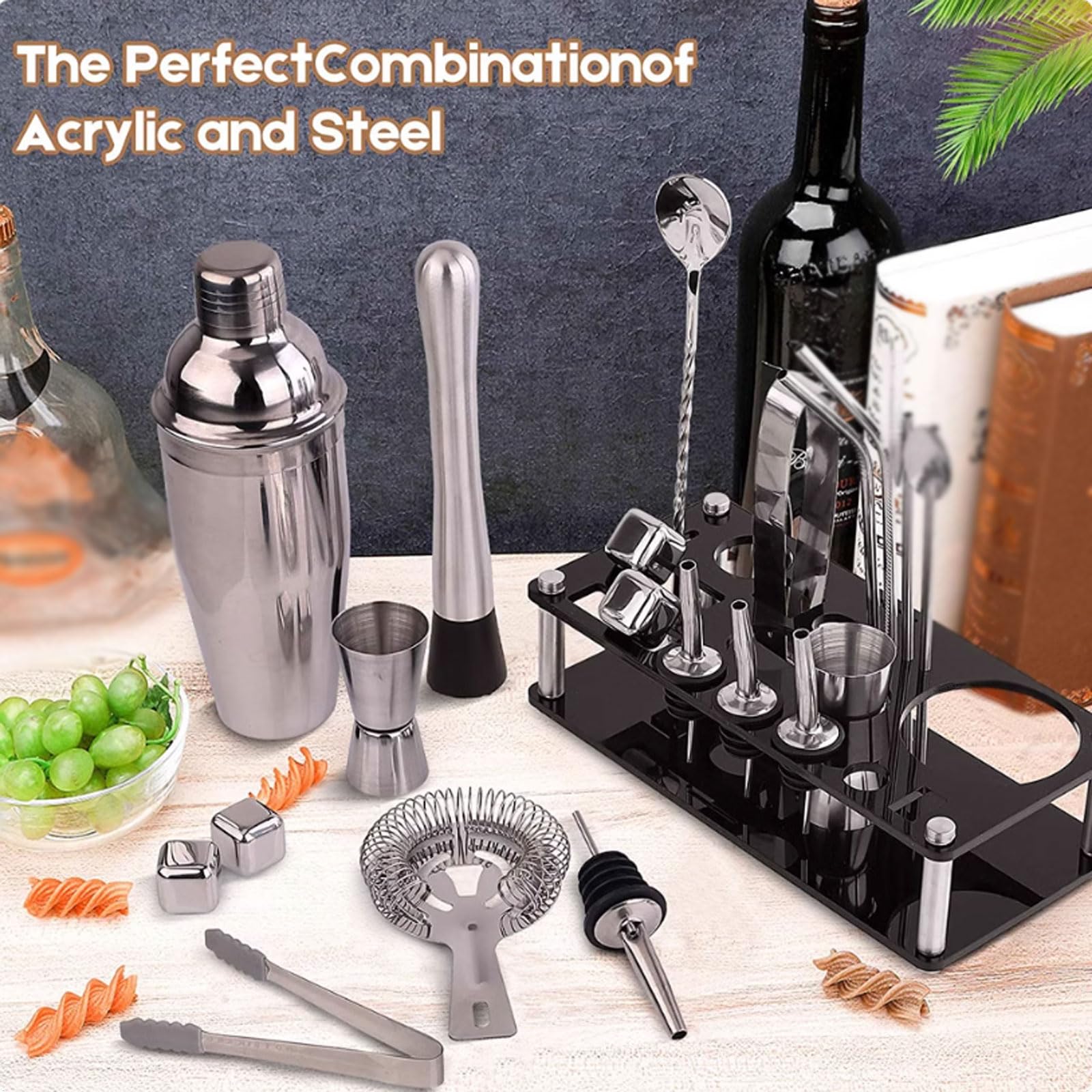 esmen Kit Barista da 23 Pezzi, Utensili da Bar in Acciaio Inossidabile con Supporto, Accessori da Bar Set di Shaker per Cocktail Domestici per miscelare Bevande