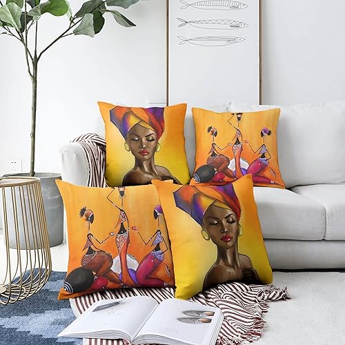 Miniatura 5 de Juego de 4 fundas de cojín cuadradas con patrón de ilustración de mujer africana, paquete de 4 fundas de almohada tradicionales moradas, fundas de