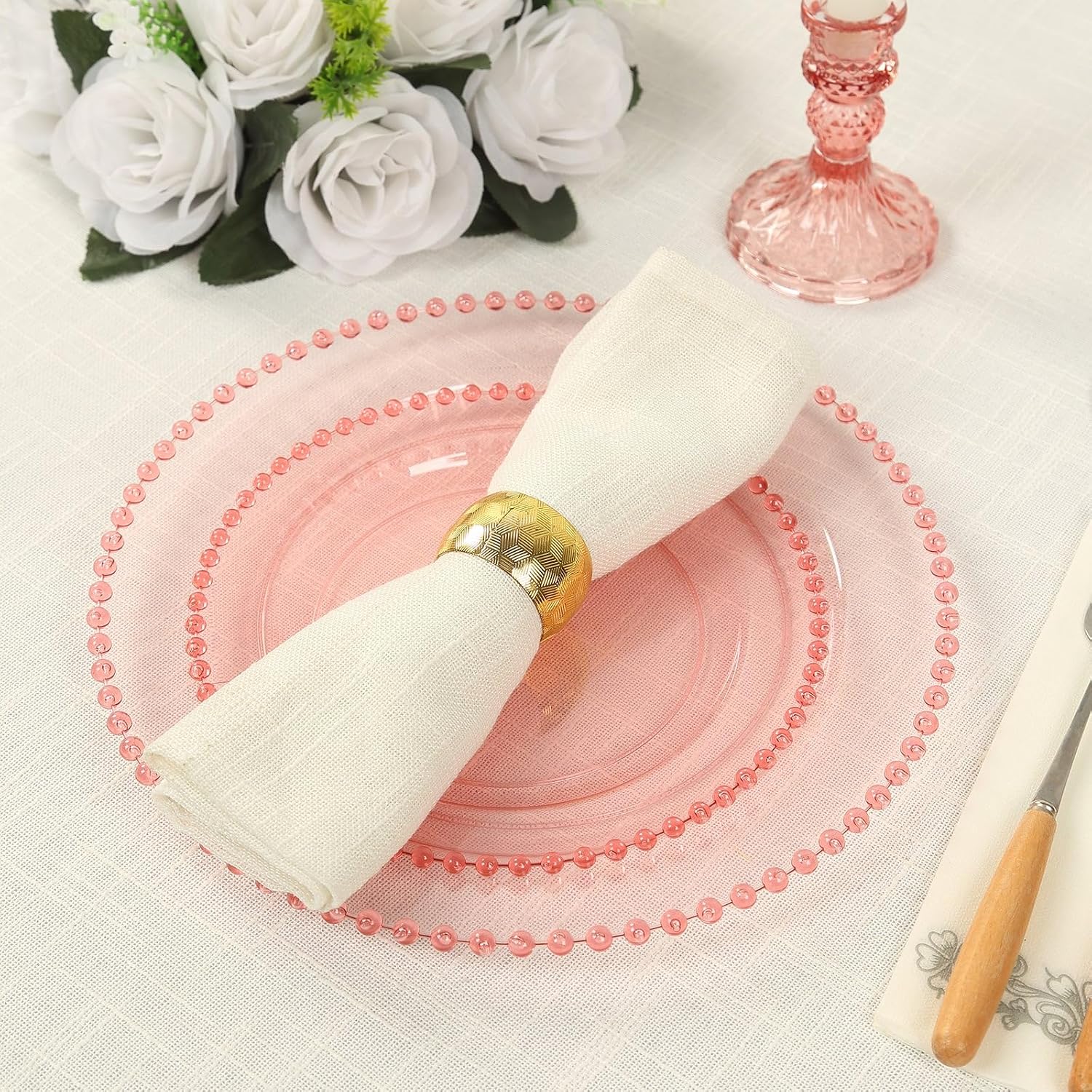 Efavormart 10 Pack Transparent Blush Plastic Dessert Plates with Beaded Rim, Disposable Round Salad Plates - 8"