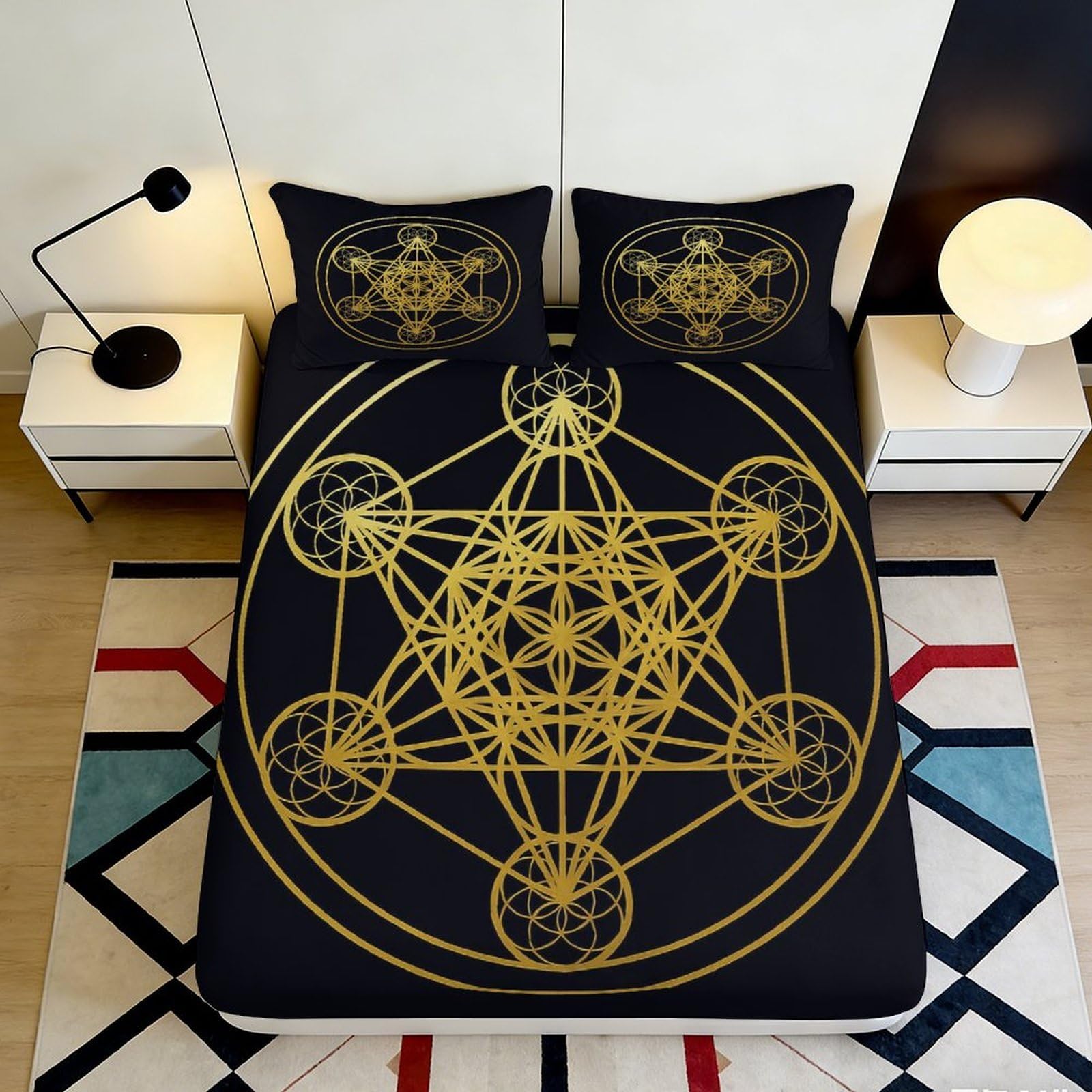 3D Printed gold geometric pattern Fitted Sheet, Microfiber soft touch, apartment bedding, wrinkle resistant, home decor, guest room bedding 90x200x25cm