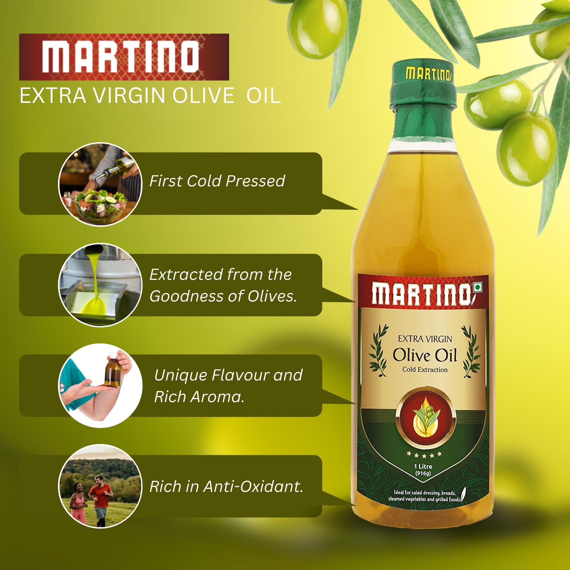 Martino Extra Virgin Olive Oil 1L First Cold Pressed Cooking oil Natural and First Cold Extraction |Rich in Antioxidants| Ideal For low heat cooking like sauteing & grilling, Salad Dressing. 1