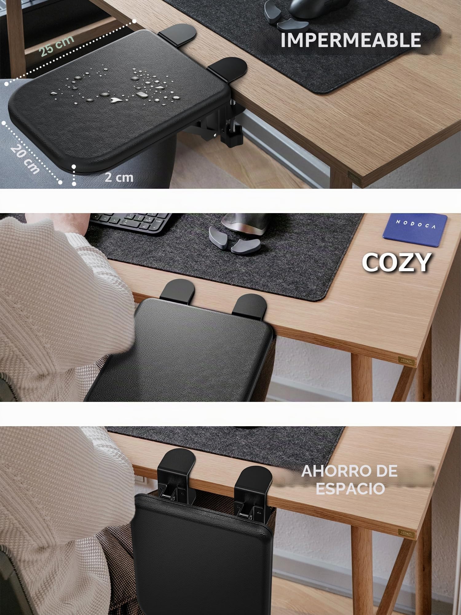 NODOCA Reposabrazos para escritorio, reposamuñecas ergonómico, extensor de escritorio, esponja suave integrada, cómodo soporte de codo plegable, envuelto en cuero ecológico