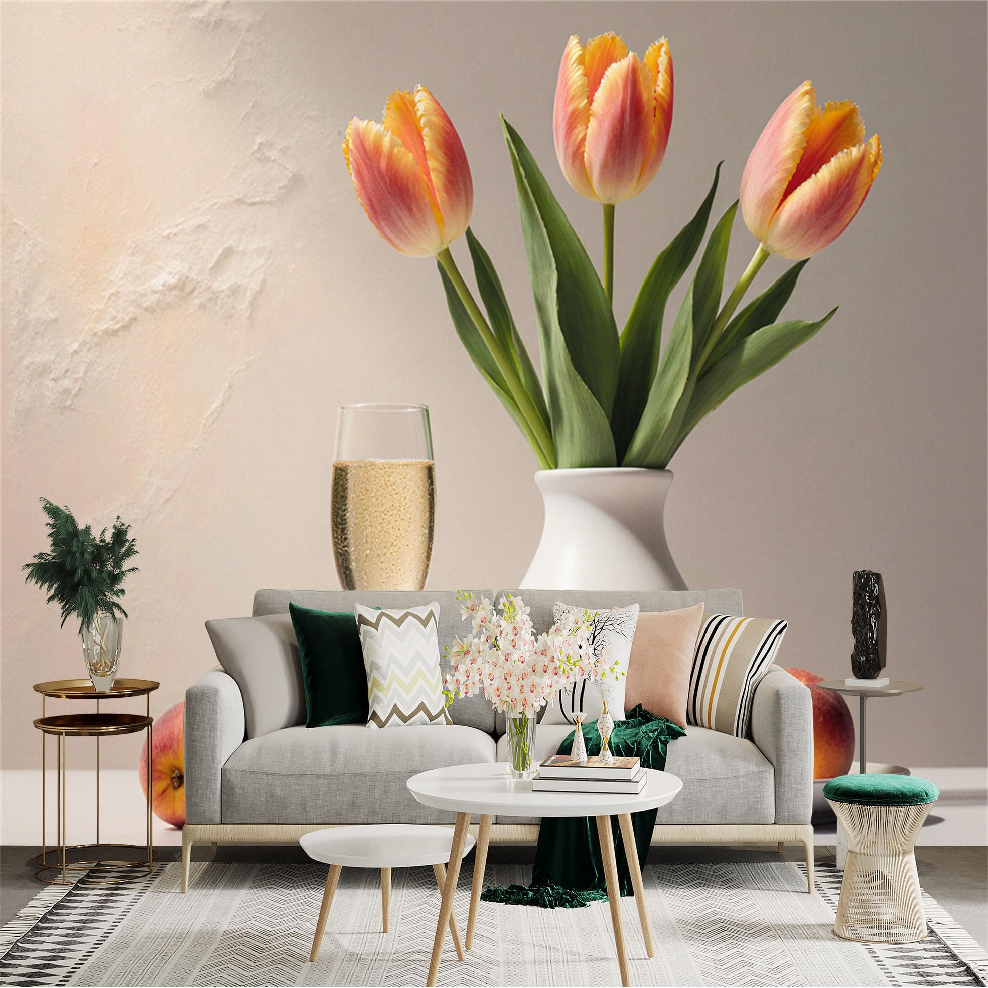 Custom Size Wall Sticker Mural， Elegant Tulip Bouquet in Vase， Glass of Sparkling Wine， Fresh Ripe Peaches， Modern Still Life Art， for wall Decoration， peelandstick wall Decals.