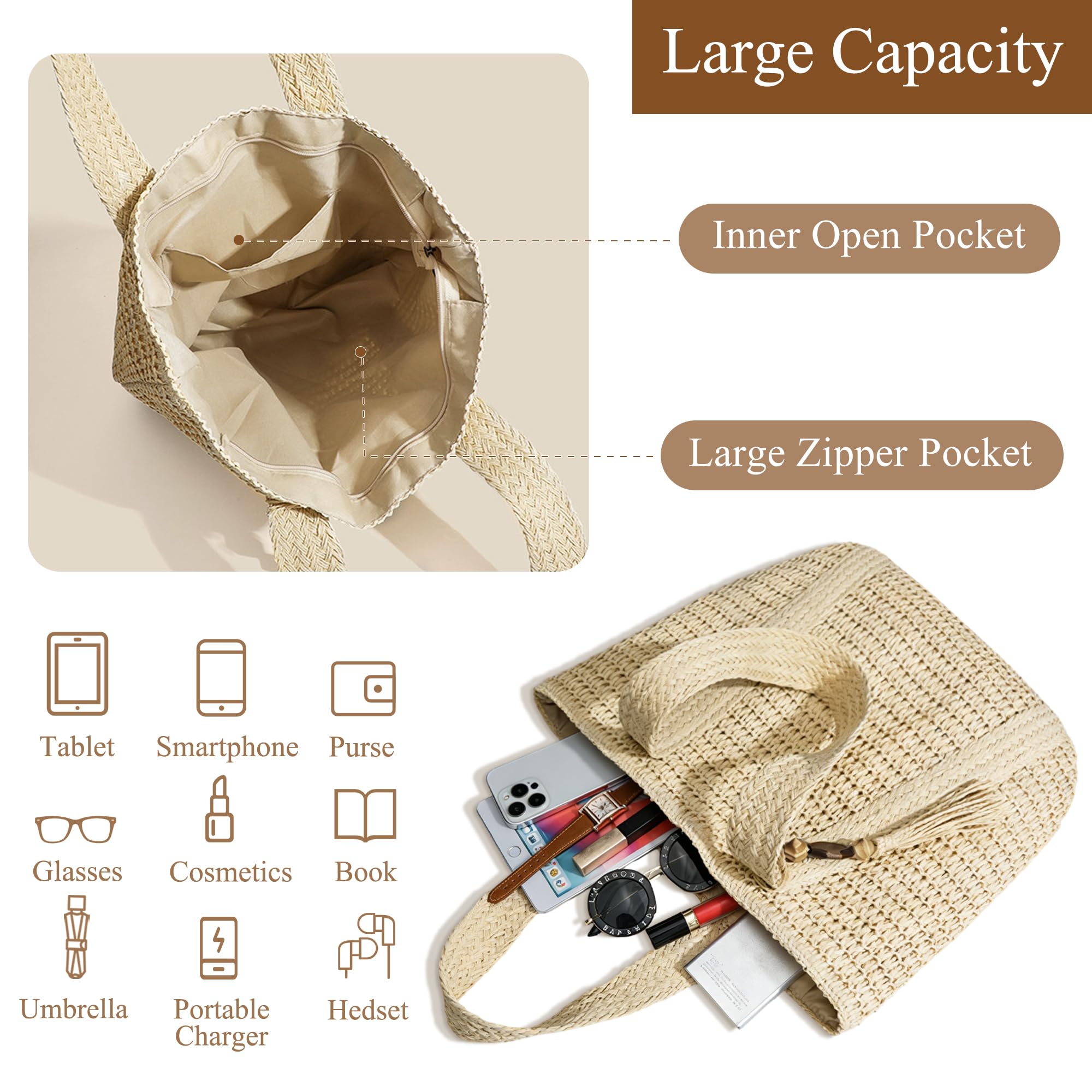 Borsa Donna a Spalla in Maglia - Borsa Mare Boho per Spiaggia, Vacanze e Shopping, Borse Tote Hobo Intrecciate, Borsa Paglia da Spiaggia