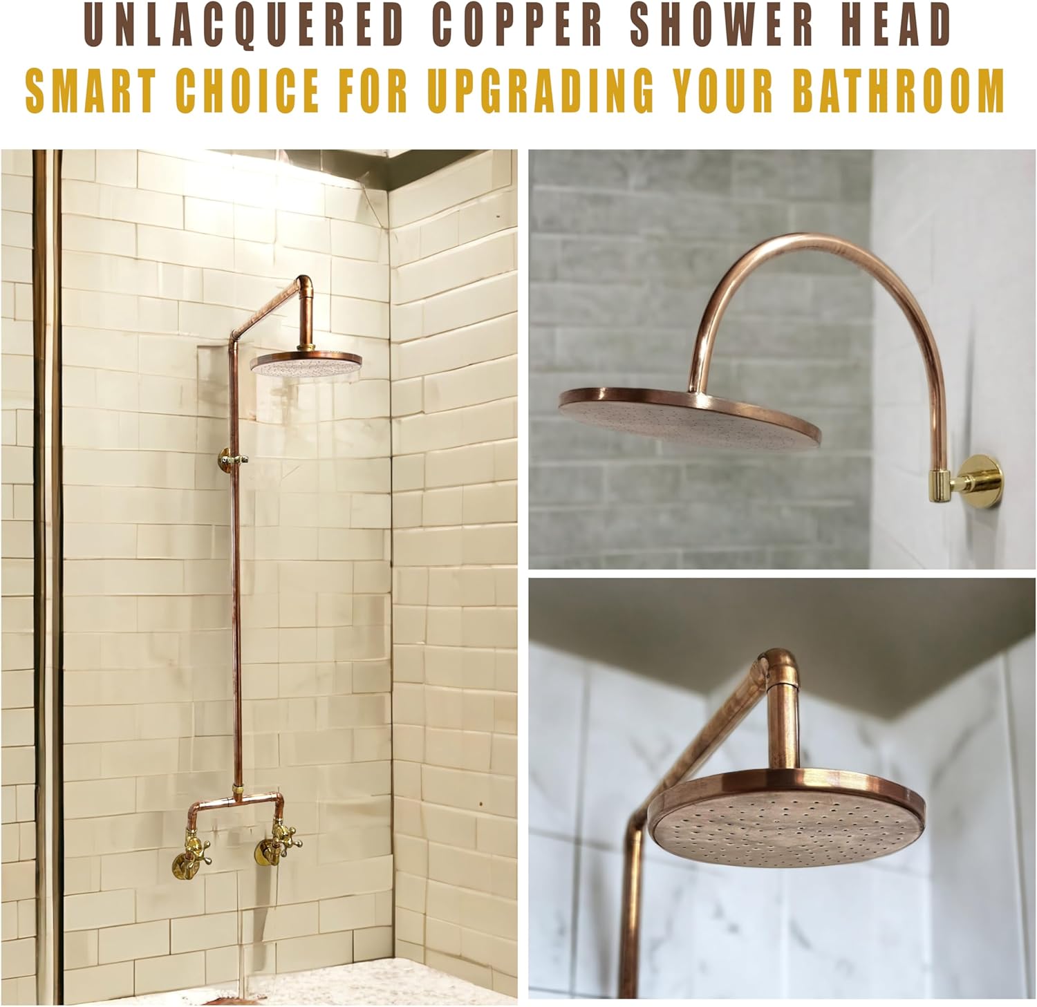 8-Inch Unlacquered Copper Rainfall Shower Head – Vintage Outdoor Shower Fixture with Natural Patina for Antique Look – Handcrafted, Eco-Friendly with Easy 1/2" Installation