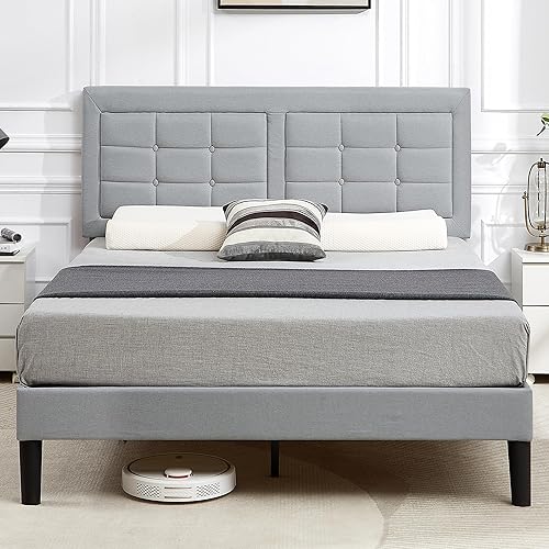 Miniatura 28 de VECELO Full Size Bed Frame with Storage Drawers, Upholstered Platform Bedframe with Wingback Headboard, No Box Spring Needed, Light Grey Gris
