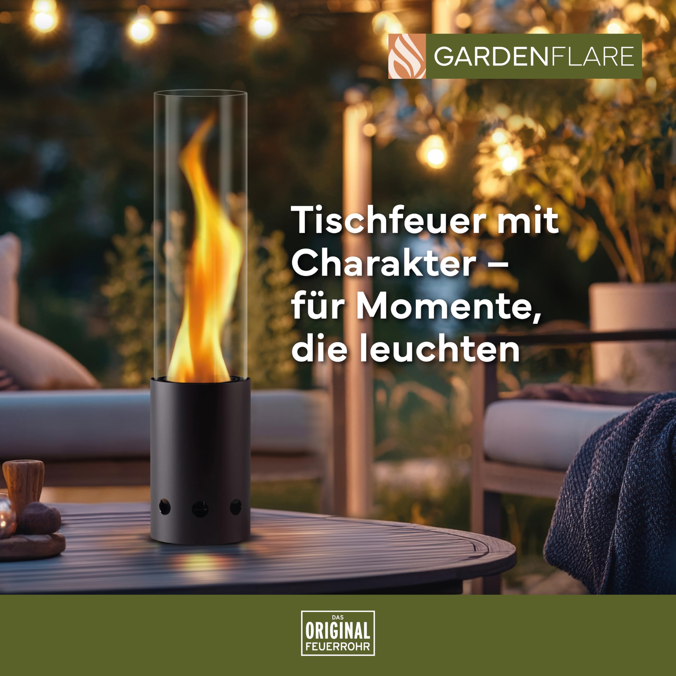 GARDENFLARE Tischkamin Outdoor – Rauchfreies Edelstahl Tischfeuer und Feuerrohr für Balkon & Terrasse – Hochwertige Gartendeko, Windlicht mit Holzpellet Betrieb (Schwarz)