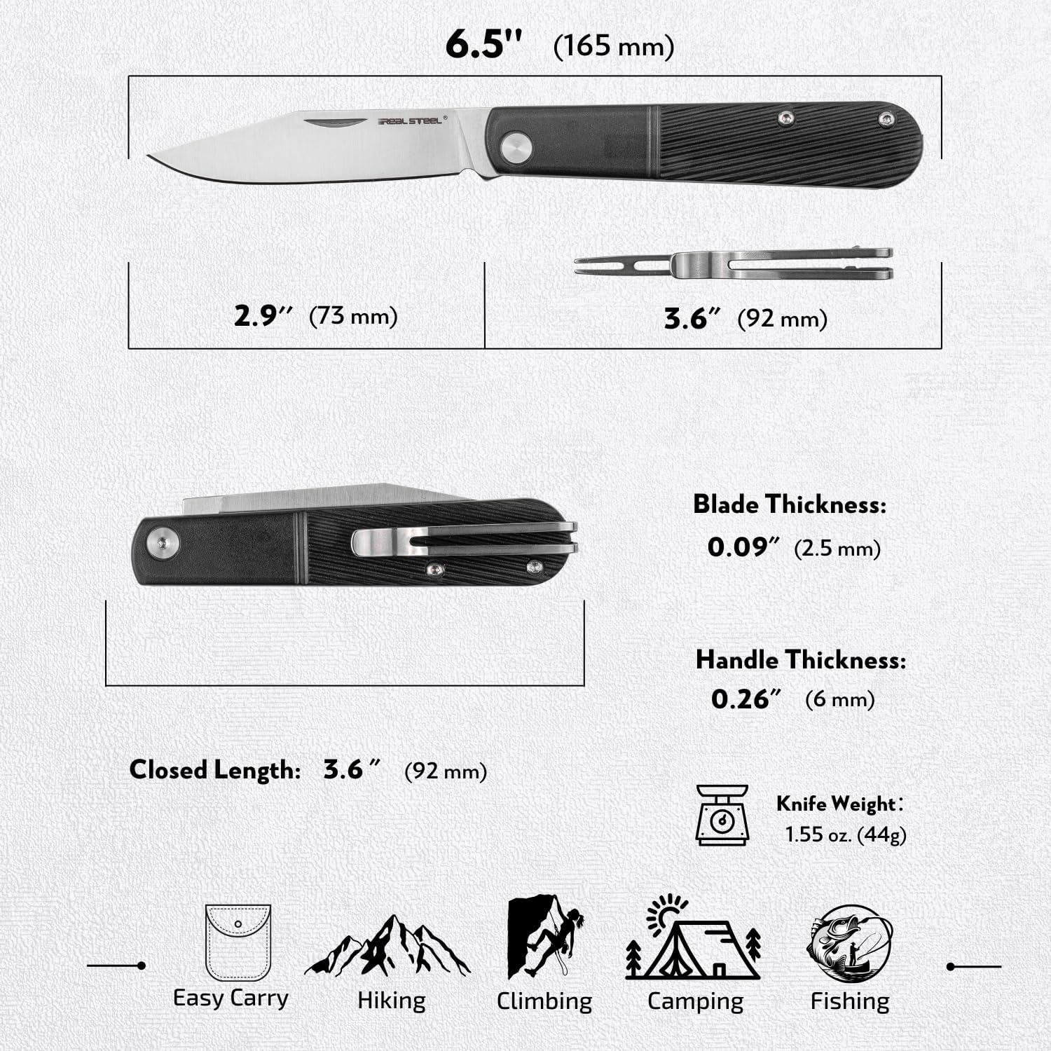REALSTEEL Real Barlow RB-1 Pocket Knife,Folding Knives,Detachable Fork Clip,2.87" 12C27 Steel Satin Blade,1.5oz,Slipjoint,Nail Nick,EDC Indoor,Daily Use,Gift for Men Women(Black Clip Point)
