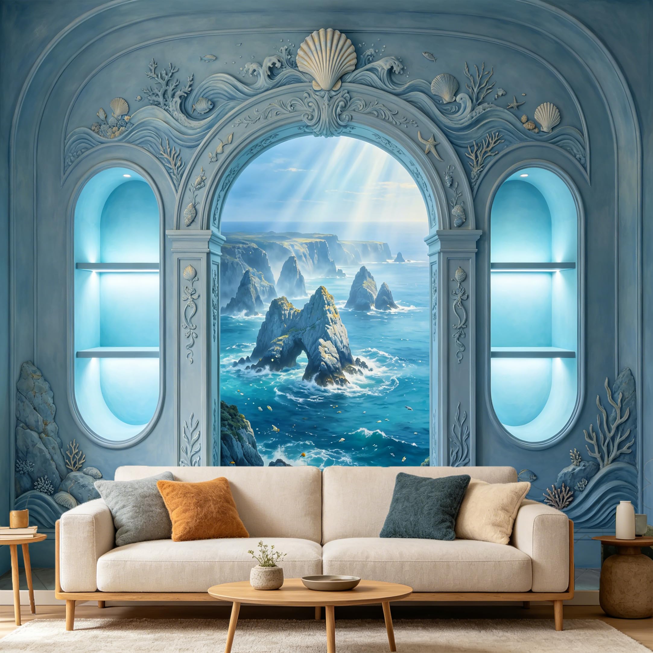 Custom Size Wall Mural， 3D Trompe L'Oeil Coastal Ocean Cliff Archway Scenic Sea View， SelfAdhesive Art Prints wall Fabric Removable Large Wallpaper Home Living Room Decor