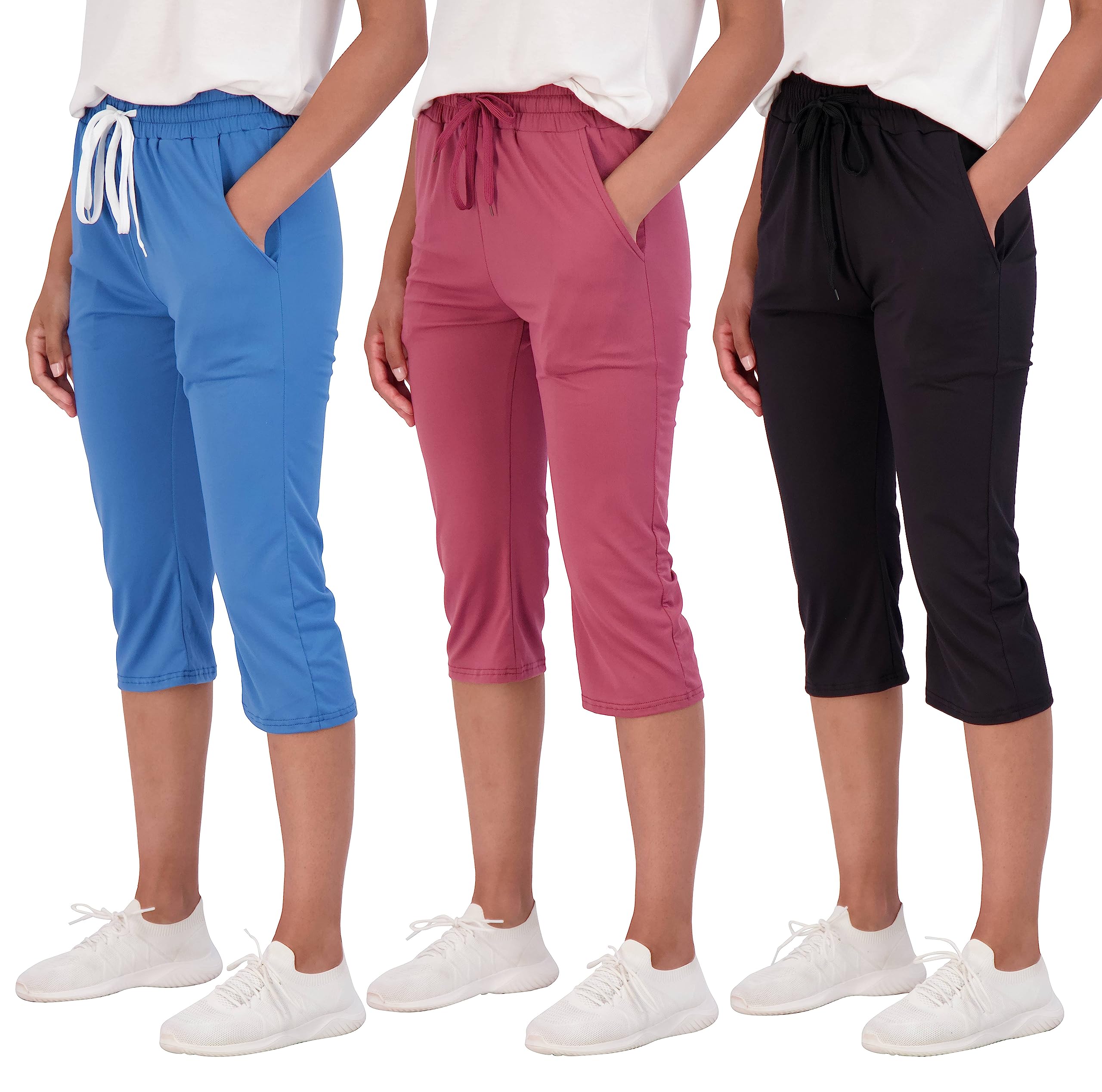 Real Essentials 3-Pack: Women's Capri Open Bottom Soft Sweatpants with Drawstring (Available in Plus Size)