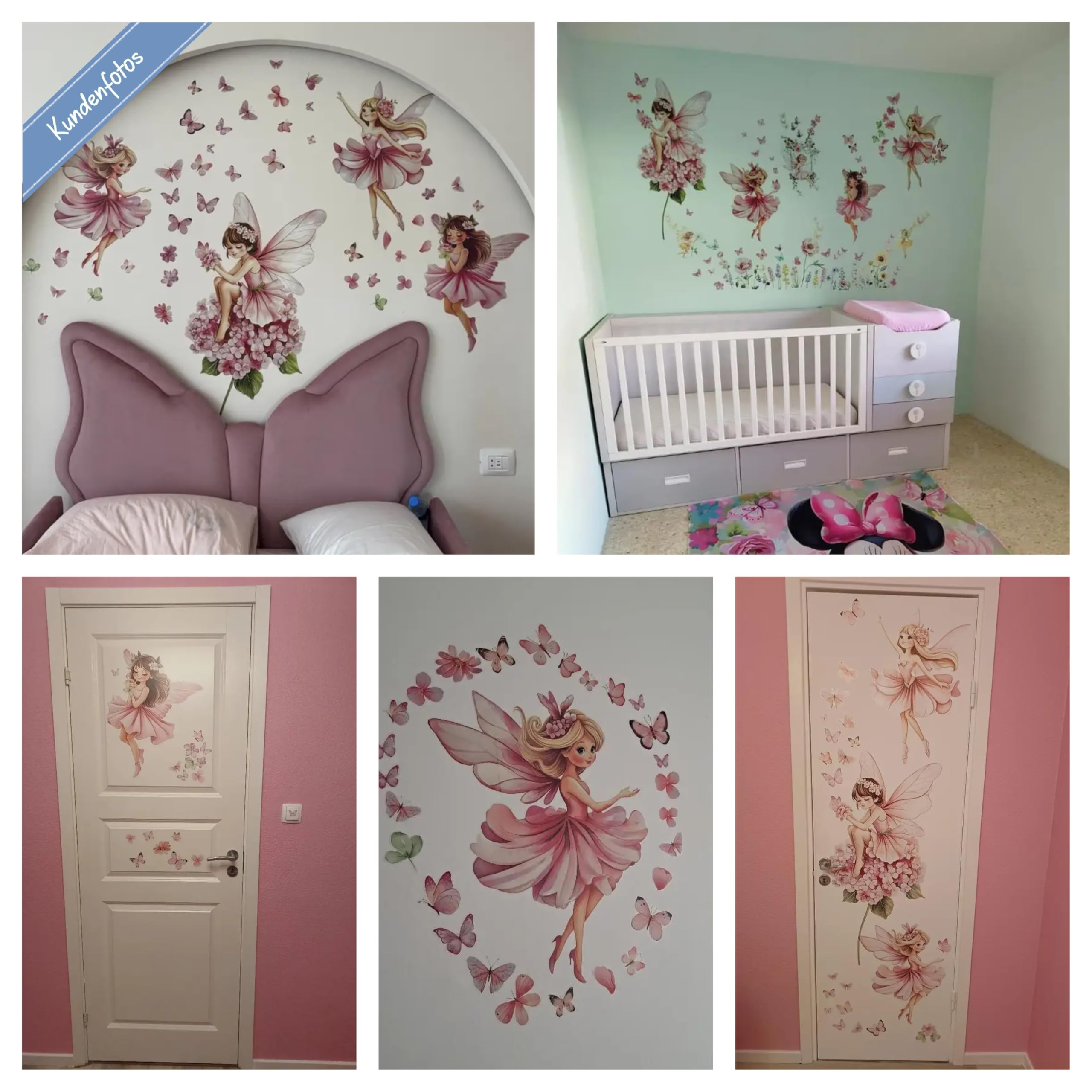 WandSticker4U®- Pegatinas pared decorativas infantiles HADAS y MARIPOSAS rosa (132x129 cm) I Vinilos hadas y mariposas pared niña princesa elfos flores I Decoración habitación niña bebe GRANDE