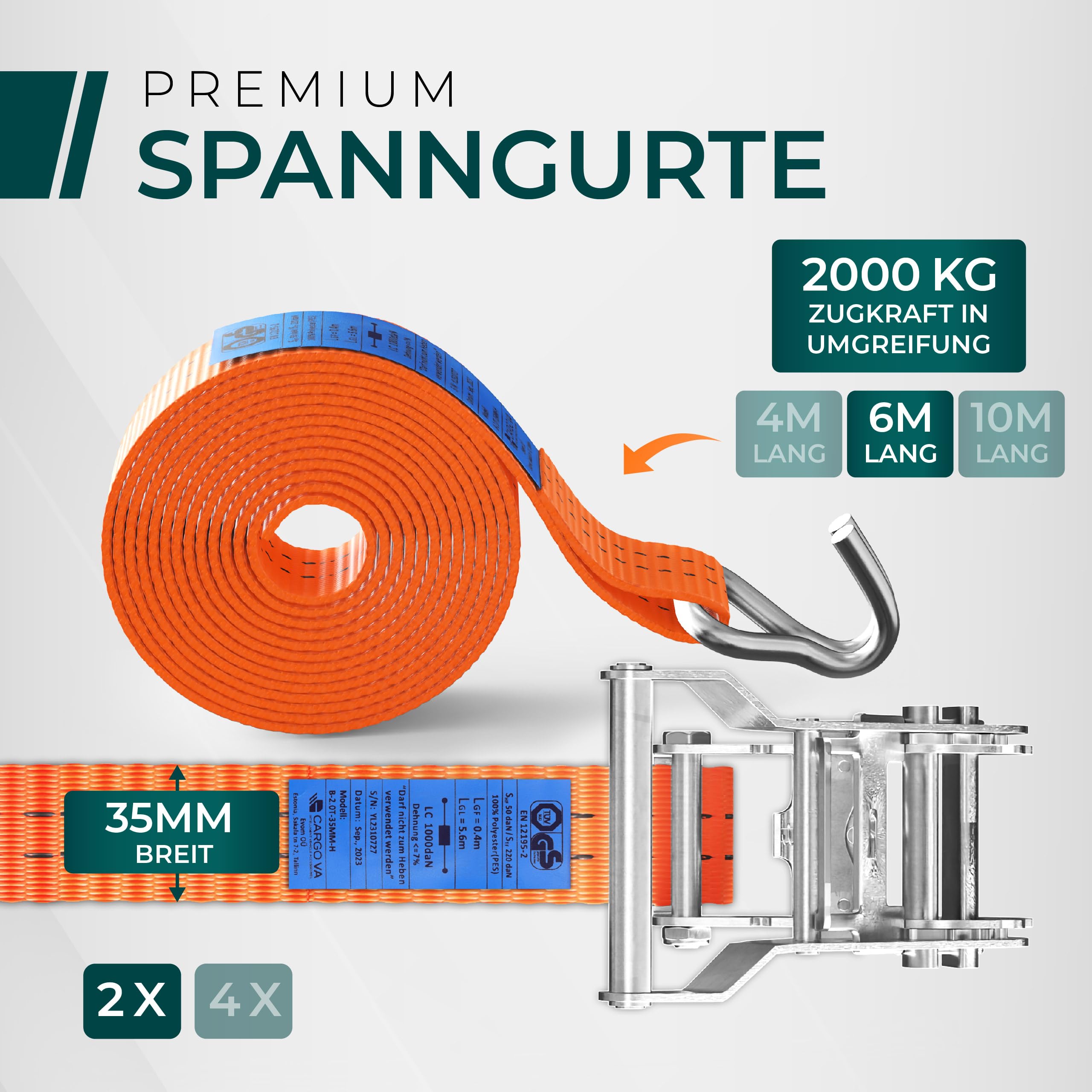 CargoVA® Lot de 2 Sangle a Cliquet Robustes de 2000 kg, Certifiées TÜV/GS et DIN Sangle Arrimage, Largeur 35 mm x 6 m, Sangles à Cliquer Idéales pour les Applications Professionnelles