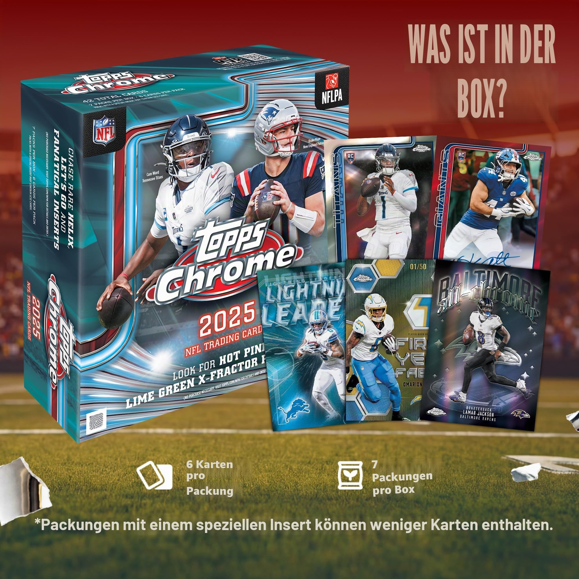 2025 Topps Chrome American Football, werksseitig versiegelt, Mega Box