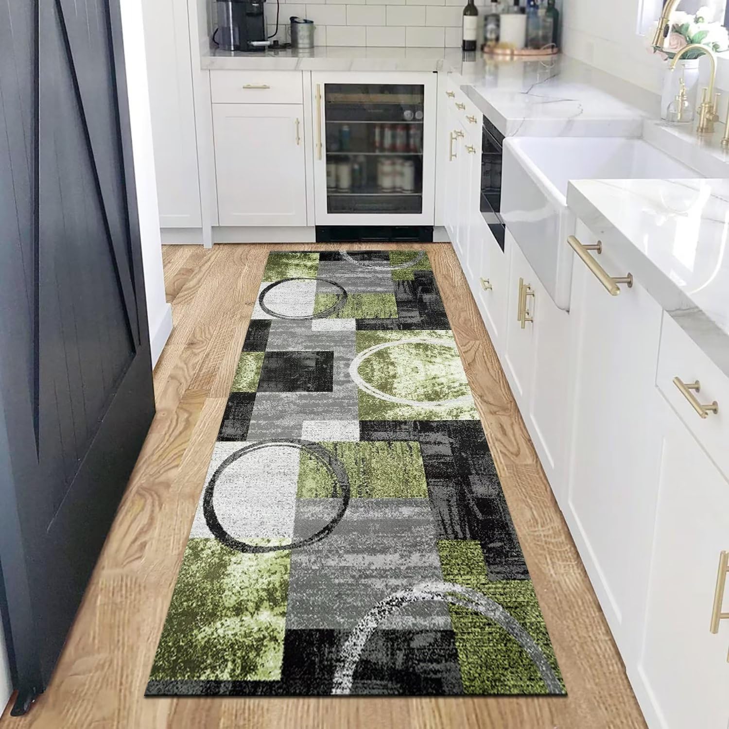 Küchenteppich-Läufer, Teppich, Flur, rutschfeste Teppichmatten, Küchenläufer, 60 x 80 cm, Grau, Schwarz, Grün, Flur-Teppichläufer, waschbar, Meterware, Flur-Teppich, Küche, Wohnzimmer, Schla