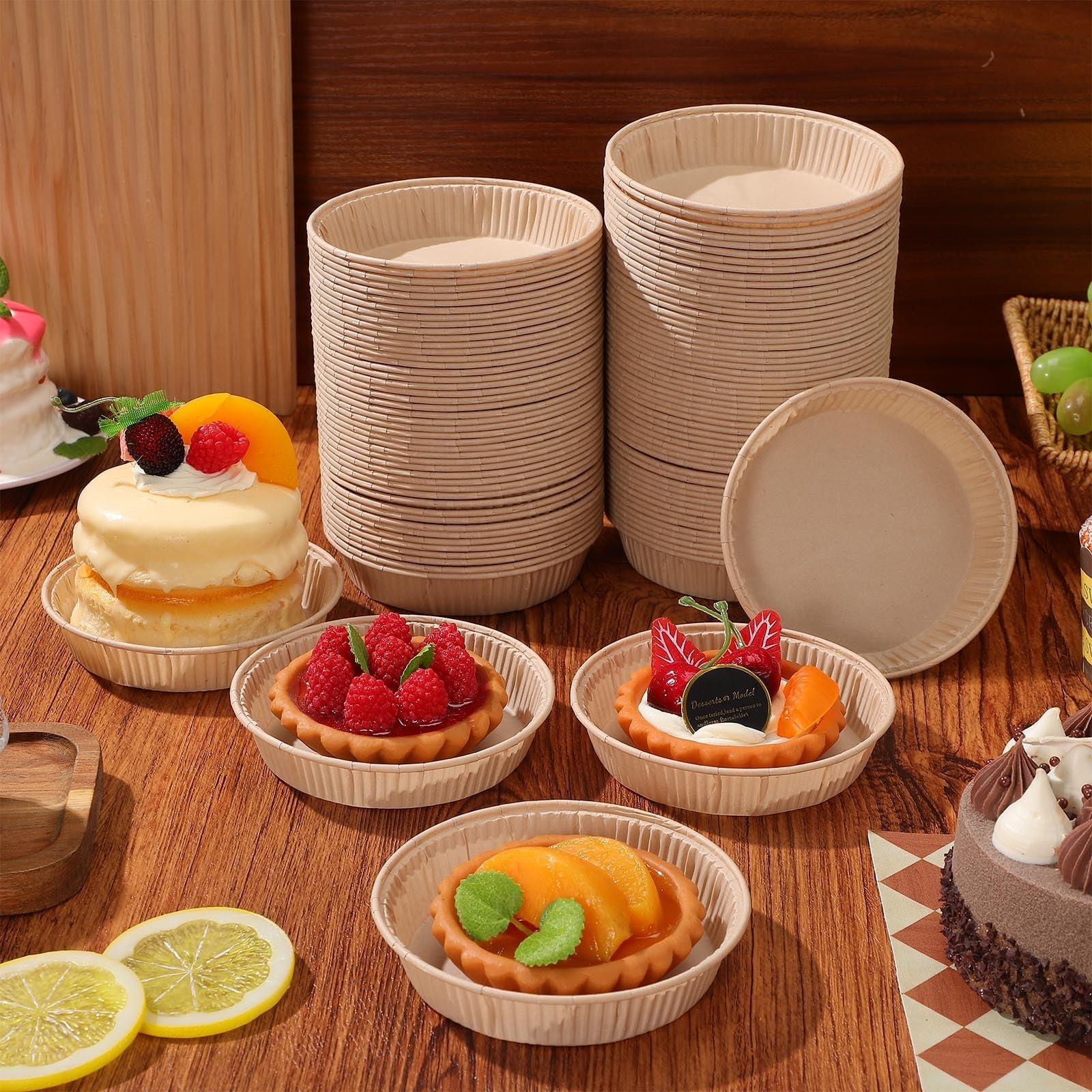 Moldes para Tartas Desechables Redondos de Papel Pergamino Beige, Aptos para Horno y Microondas, Paquete de 100 Unidades para Pasteles y Mousse en Celebraciones
