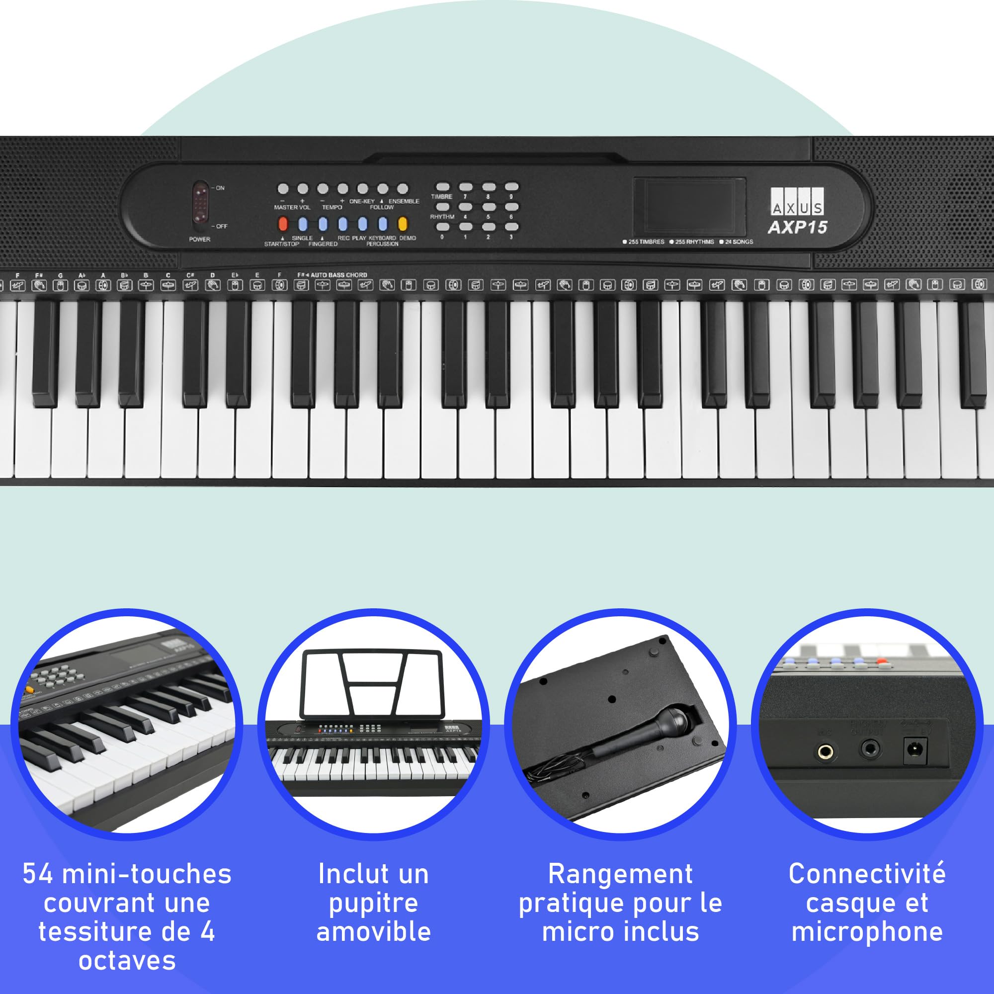 Axus AXP15 Clavier portable 54 touches, synthétiseur à mini touches avec porte-partitions, alimentation secteur et microphone