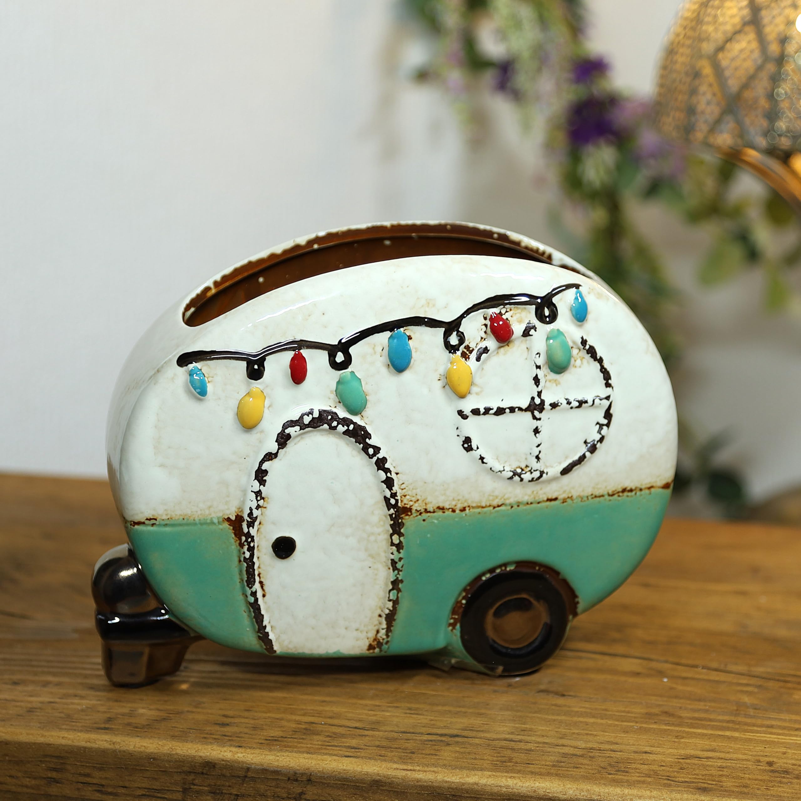Fyne-Finds Vintage Blue Ceramic Village Pottery Planter Blue Festival Caravan Plant Pot 23Cm, 9Inch Flower Seed Herb Pot Home Garden Decor