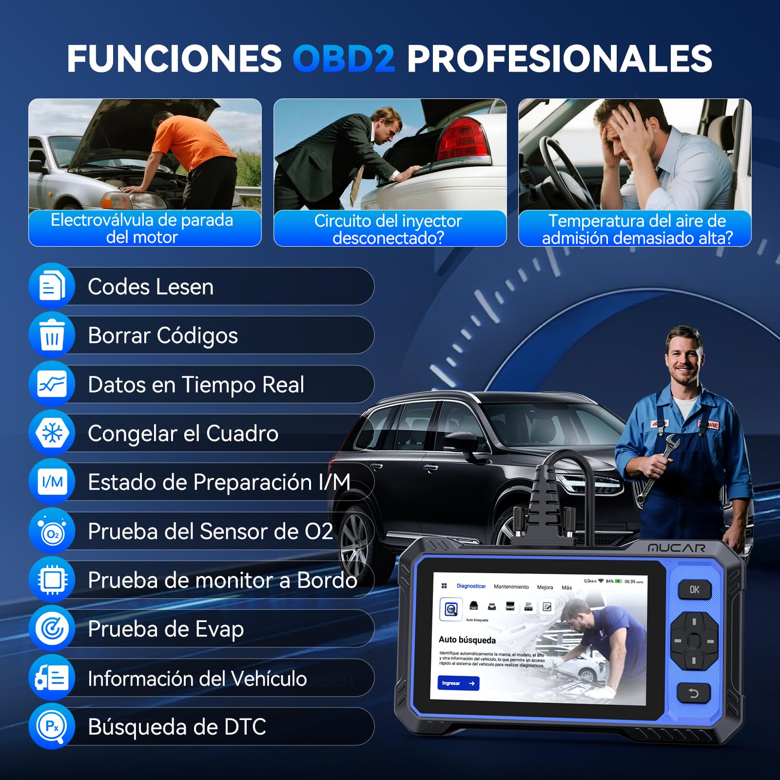 OBD2 Diagnosis, MUCAR 632 Diagnosis Coche Multimarca de 4 Sistema(ECM/TCM/SRS/ABS), Diagnosis Coche con 15 Funciones de Reinicio/Vin Automático/Prueba Activa-Actualización Gratuita