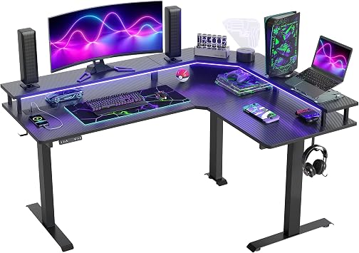 FEZIBO 63x49 L Shaped Standing Desk with LED Strip & Power Outlets, Height Adjustable Sit Stand Corner Computer Desk with Ergonomic Monitor Stand, Black Top/Black Frame