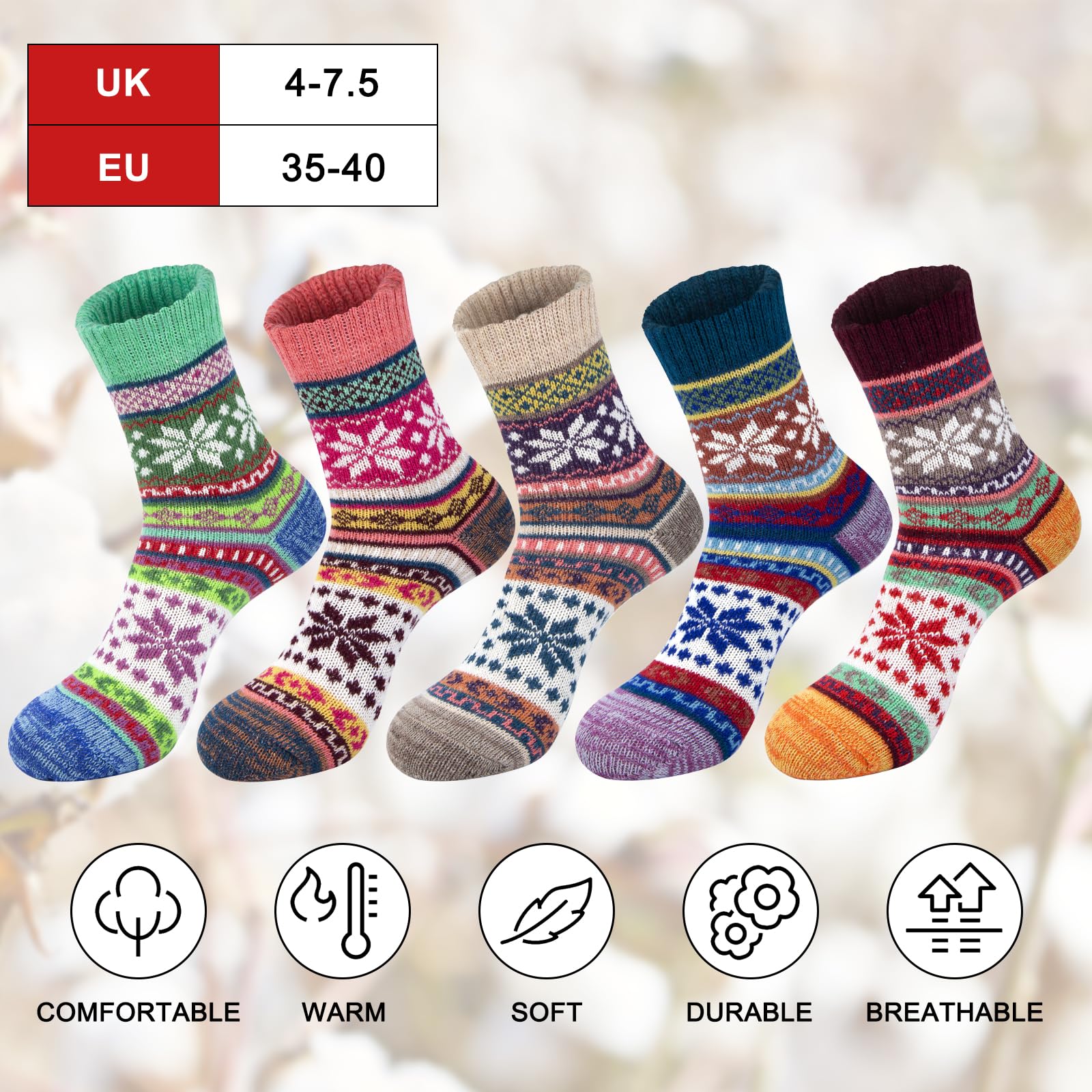 YSense Snug 5 Paia Calze Donna Lana Invernali, Termiche Divertenti, Vintage Natalizi Fantasia