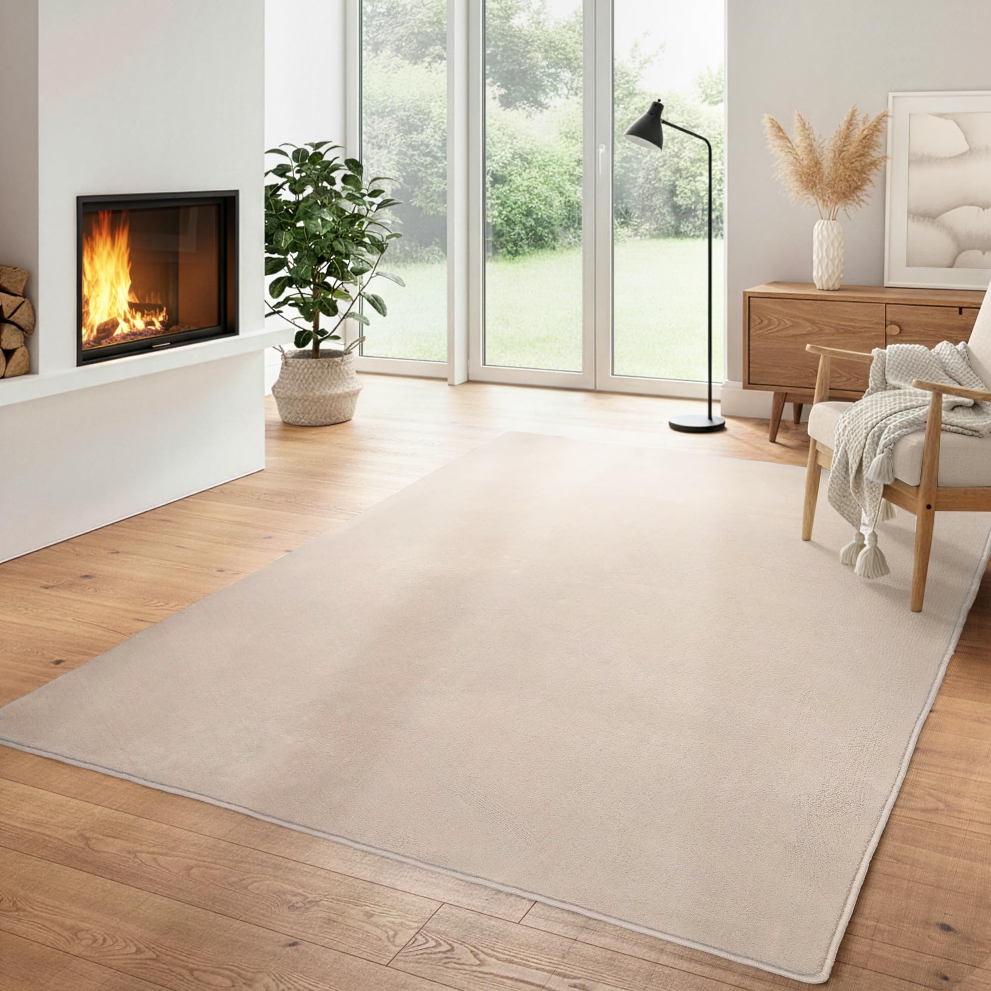 Einfarbiger Teppich Rund Wohnizmmer, Esszimmer, Schlafzimmer, Küchenteppich Waschbar Runder Teppich Beige Flauschig Kurzflor Carpet