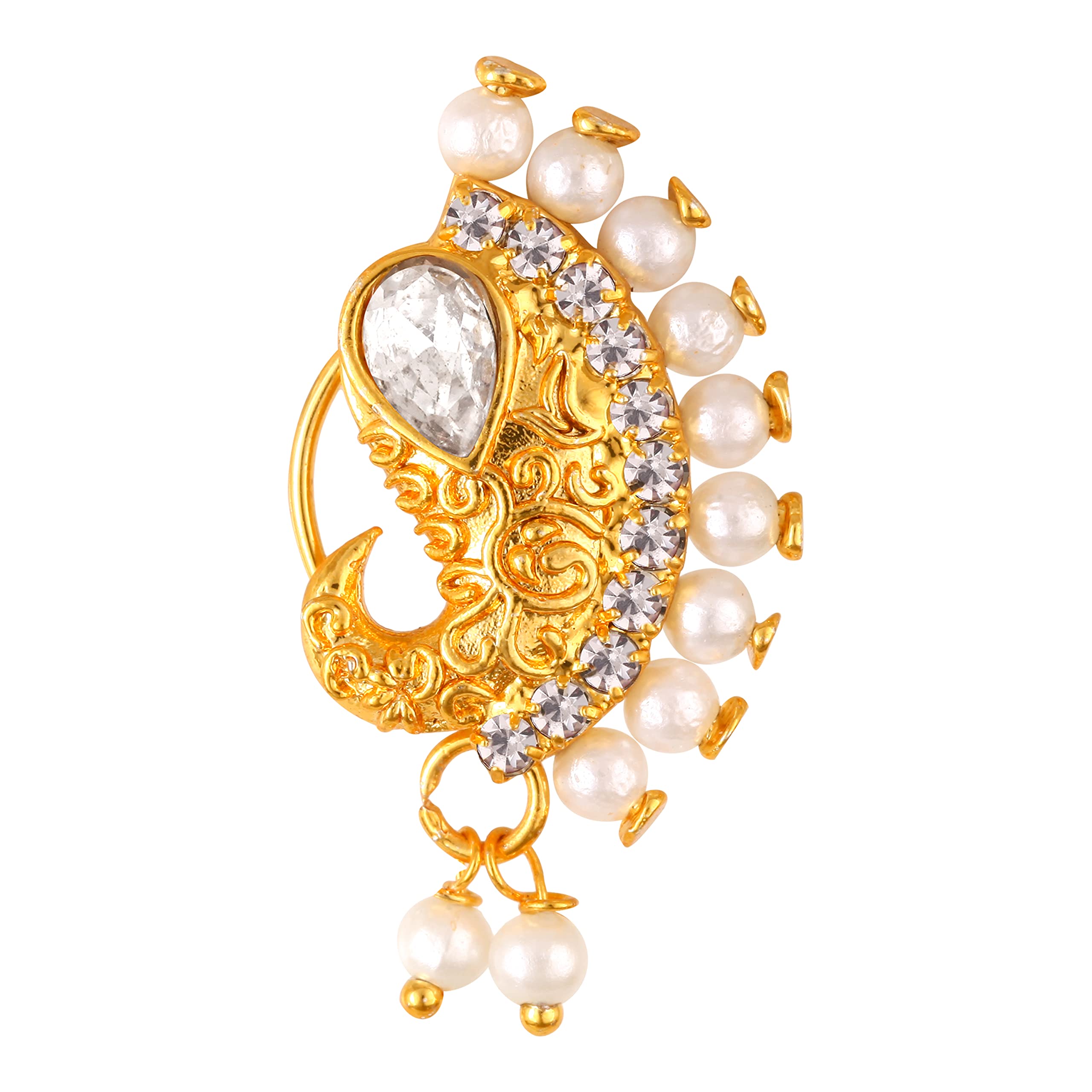 Vighnaharta Gold Plated Mayur Design with Pearl and Artificial stone Alloy Maharashtrian Cultural Nath Nathiya./ Nose Pin for women VFJ1211NTH-Press-image-29