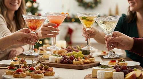 Miniatura 5 de Kingrol Juego de 4 vasos de Martini de 8.5 onzas con elegante diseño en relieve, cristalería de tallo vintage para Martini, Cosmopolitan, Manhattan,