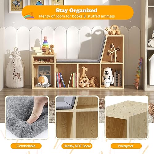 Miniatura 11 de Estantería infantil con rincón de lectura, estantería para niños de 5 compartimentos con cojín de asiento, organizador de almacenamiento de juguetes