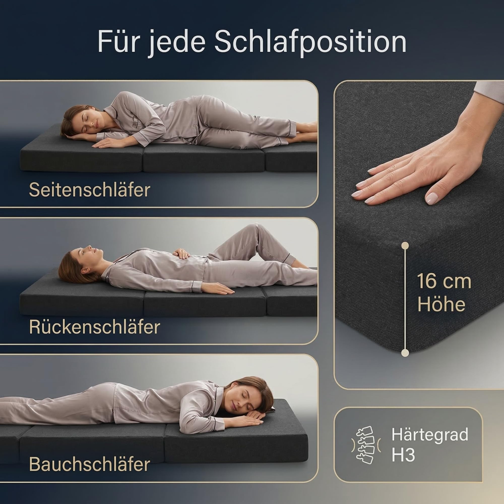 Arensberger Amalia Klappmatratze 90x200cm | 16cm XXL NANOCELL Gelschaum | Faltmatratze mit Transporttasche, Gästematratze klappbar für Boden, Kinder, Camping & Reise, platzsparend, faltbar & robust