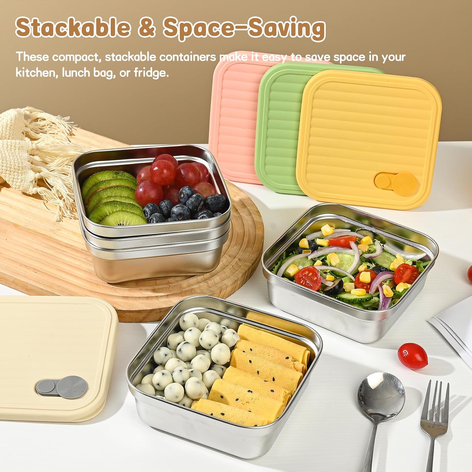 4 Pack Sandwich Containers, 20oz Reusable Stainless Steel Food Storage Containers with Lids, BPA-Free, Dishwasher Safe, Meal Prep Lunch Box for Snacks & Fruits (White, Pink) - Image 5