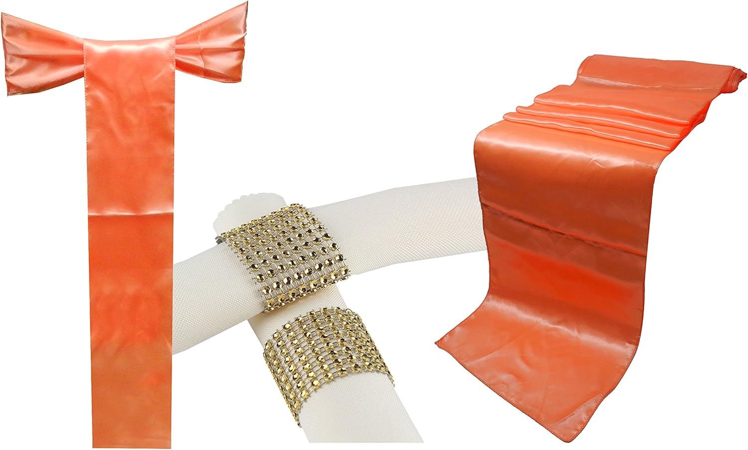 Combo Pack 5 Satin Table Runner 12x108 inch & 25 Chair Bow Sash & 25 Plastic Rhinestone Napkin Rings Wedding Banquet Kitchen HomeDecor