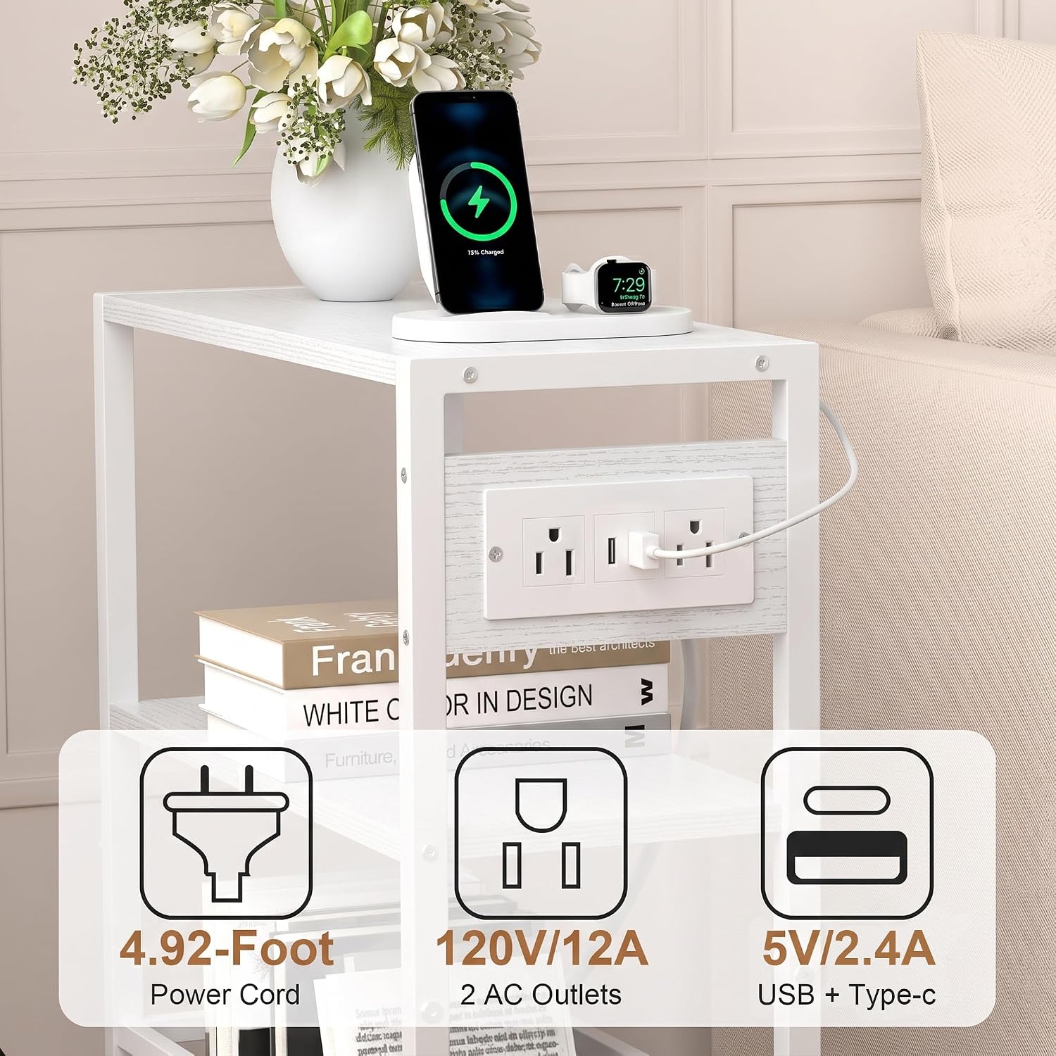 Small Narrow Side Table with Charging Station, Skinny End Table for Small Spaces, Slim Nightstand with Outlets, Sofa Bedside Table in Living Room, Bedroom, Study, Kitchen and Balcony, White