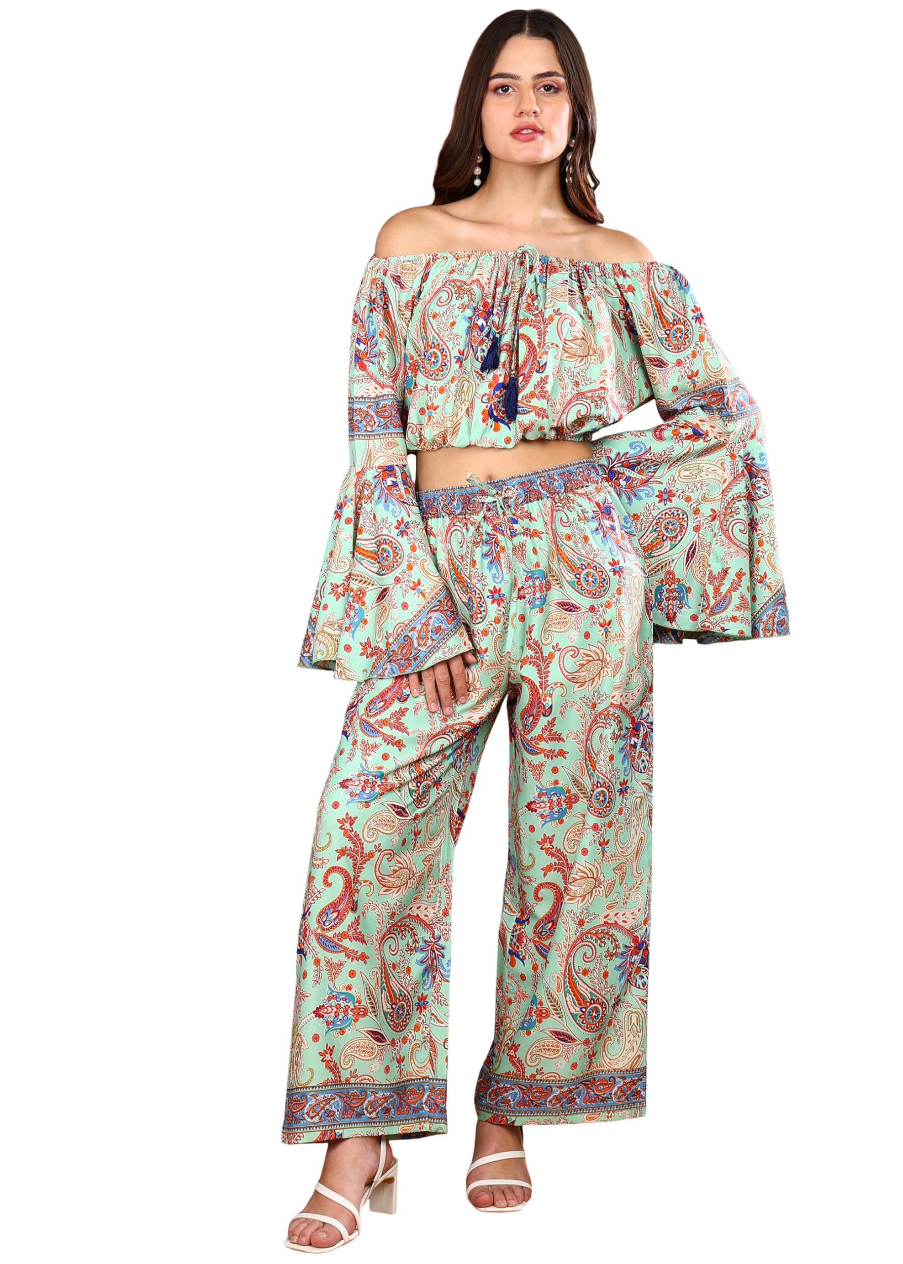 Women’s Mint Green Printed Co-Ord Set | Off-Shoulder Crop Top & Wide-Leg Pants | Polyester Fabric | Casual