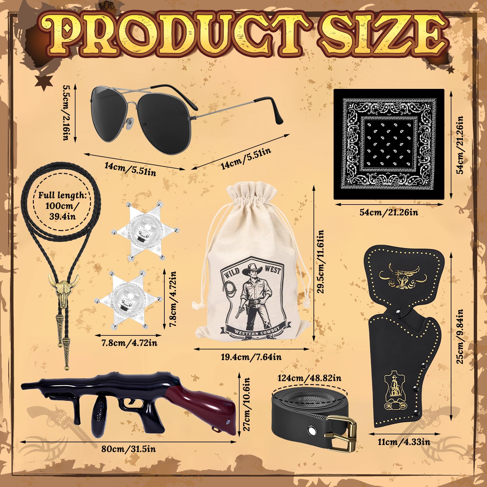 9Pcs Cowboy Costume Accessories, Wild West Cowboy Fancy Dress with Necklace Holster Sunglasses Inflatable Prop Holster Bag Sheriff Badges Belt Western Outfit Kits for Women Men Cosplay Hen Do Party - Image 2