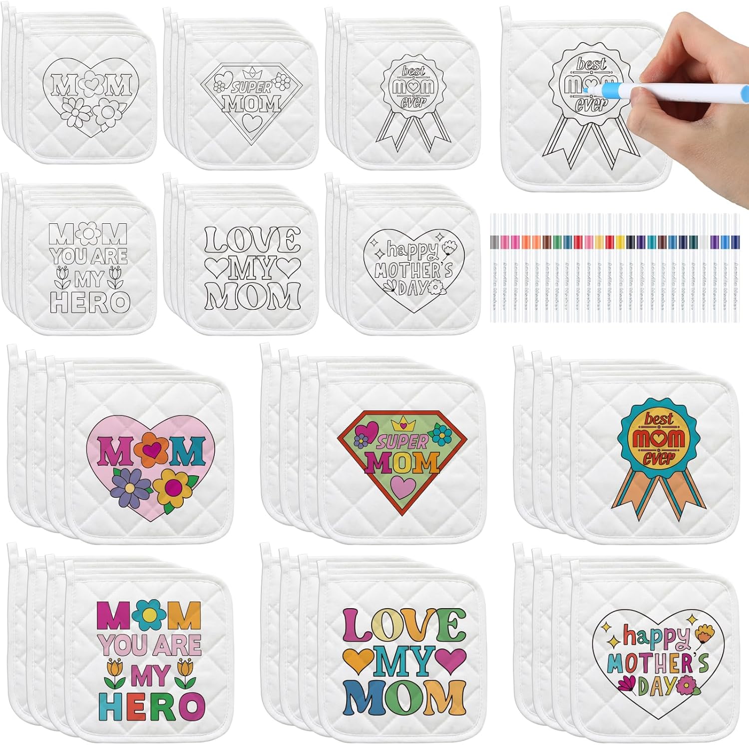 Mifoci 24 Pcs Mother's Day Pot Holder Craft Bulk Color Your Own Pot Holders DIY Oven Mitts with 24 Markers for Mom Gifts Kitchen Heat Resistant Accessories Cooking Baking DIY Activities