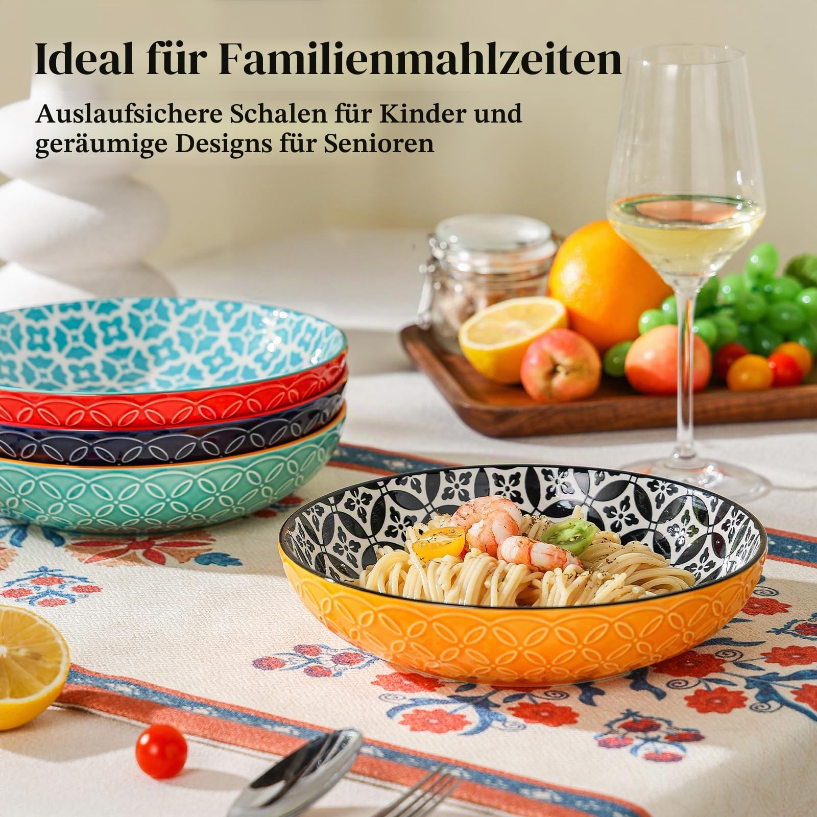 DOWAN Pastateller Groß Tief 4er Set, Ø 21,5 cm Porzellan Suppenteller Tief, Pastaschale Rund, Klassische Nudelteller, Bowl Teller Keramik für Pasta, Nudeln, Suppe, Salat-Lebendige Farben