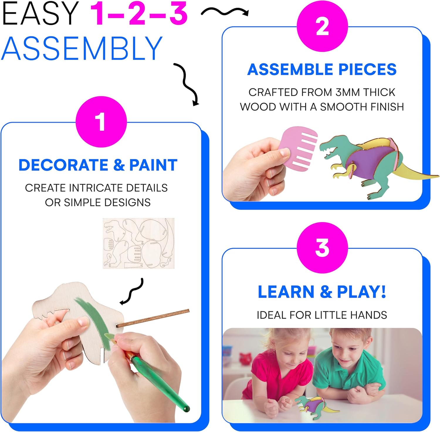 Neliblu Wooden Dinosaur Kit Set of 3 - Colorable Assembly Toy for Kids - 3D Dinosaur Puzzle - Gift for Ages 5 and Up - 3mm Thick Wood - Creative and Educational Play for Kids