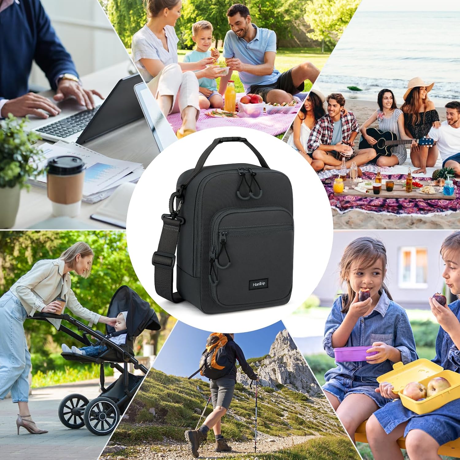 HanTrip Insulated Lunch Bag with Adjustable Shoulder Strap, Lunch Box for Women Men, Reusable Portable Lunchbox for Office Work Picnic (Dark Gray)