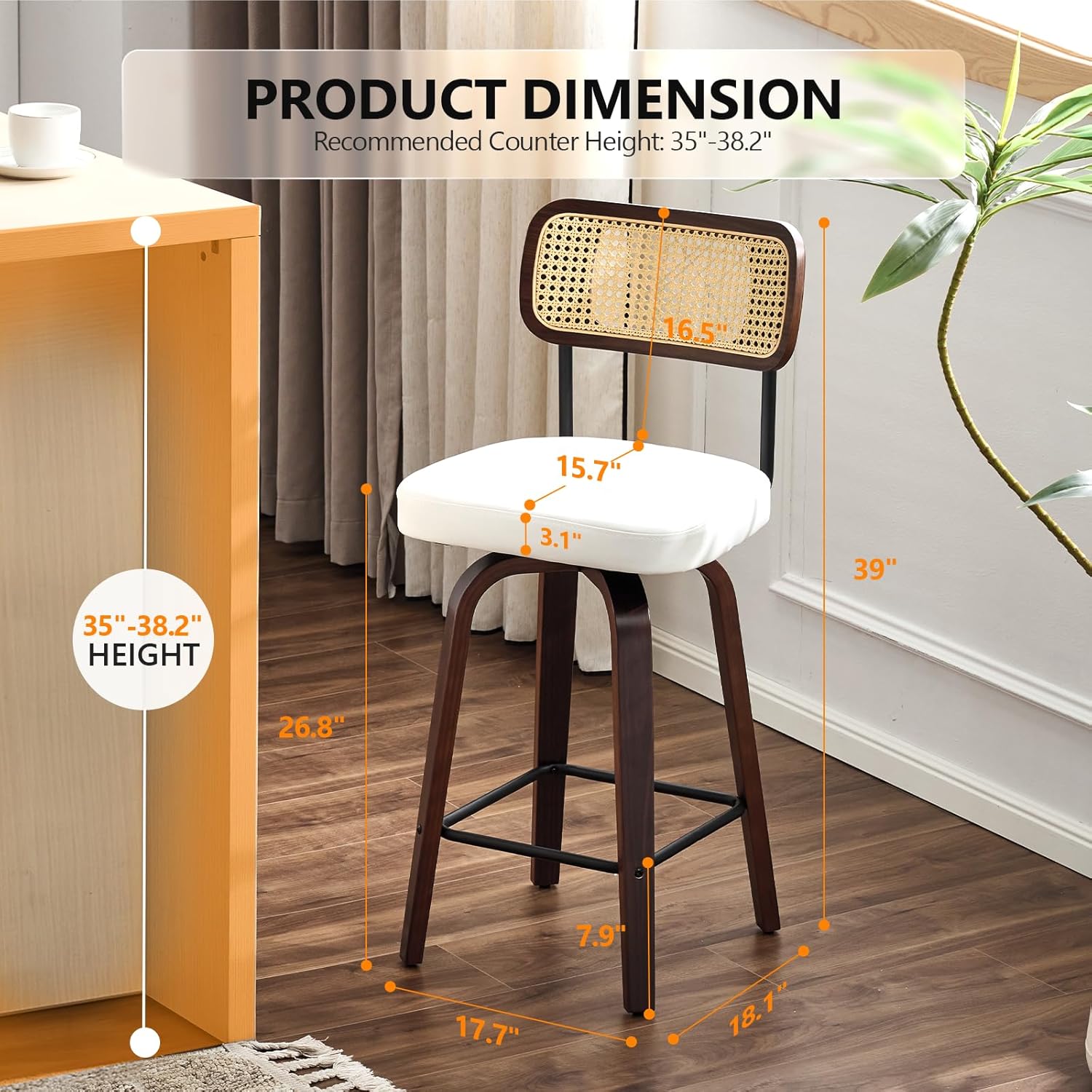 VINGLI Modern Bar Stool 26" H, PU Leather with Rattan Back, 360° Swivel, Solid Wood Legs Barstools for Kitchen Island & Home Bar, White 2 Pack