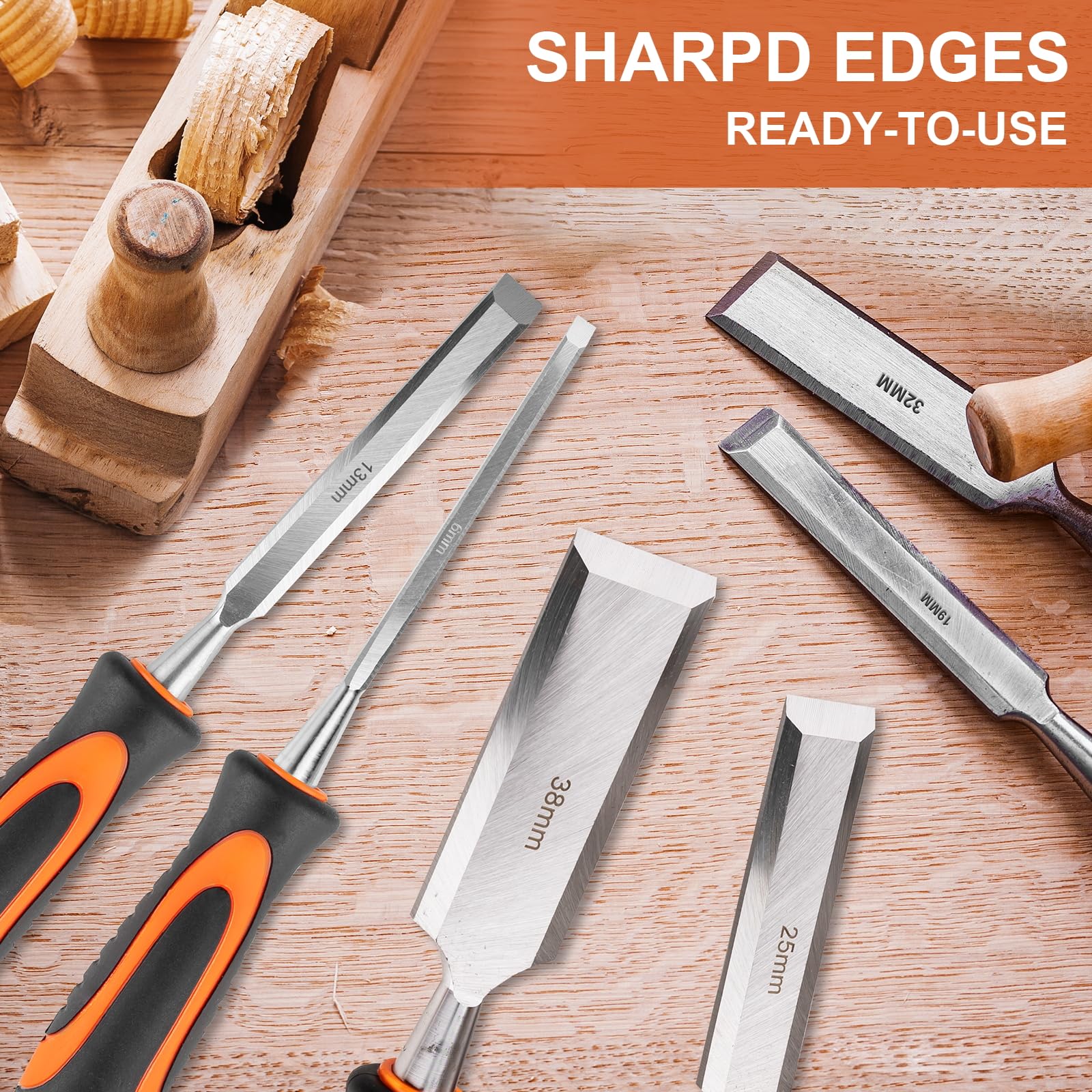 10Pcs Wood Chisel Sets, 6Pcs Premium Wood Chisels with Honing Guide, Sharpening Stone & Carpenter Pencils, Wood Carving Tools Kit for DIY & Professional Use (6-38mm)