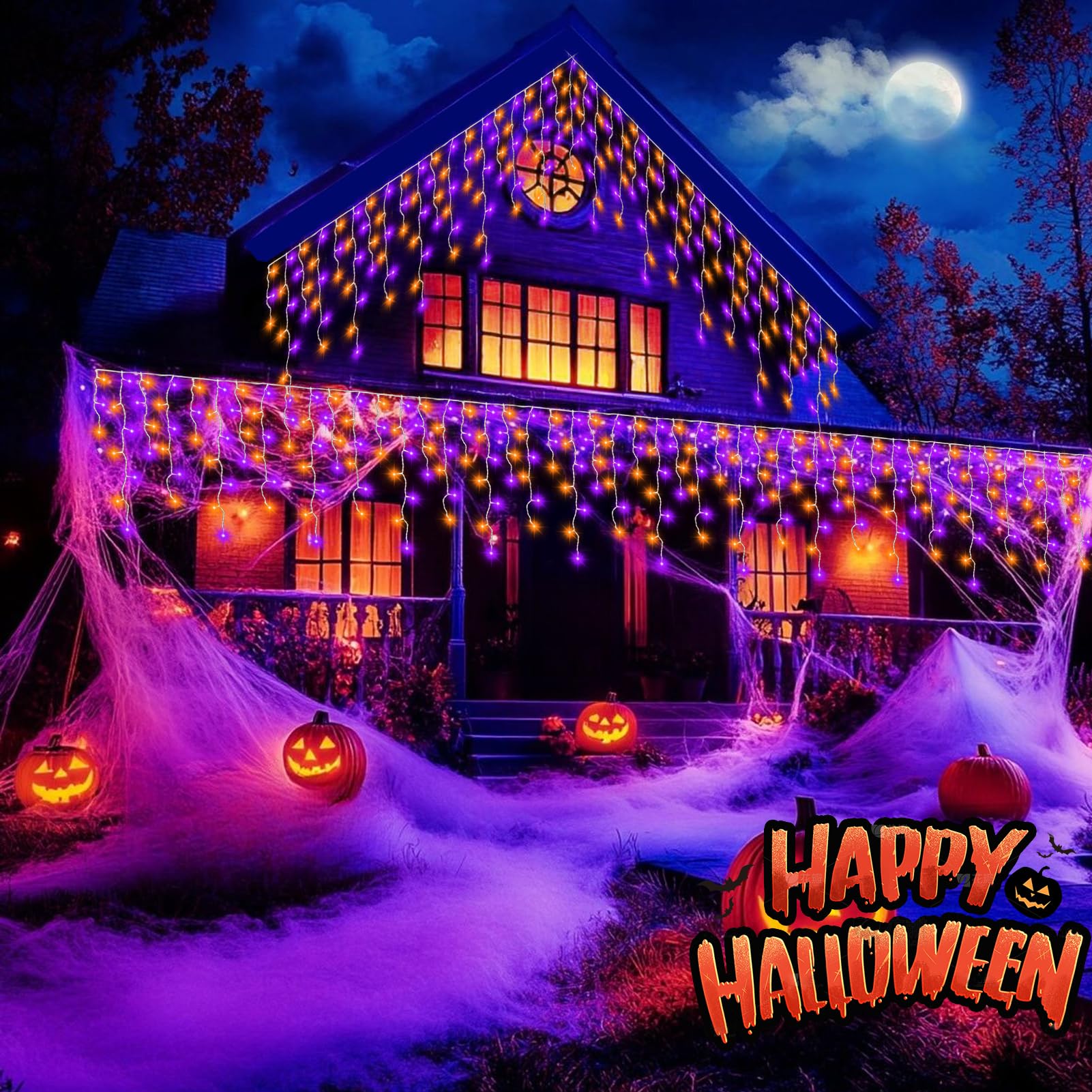 Luci Ragnatela Halloween 6x5m Con 150 LED – Alimentazione USB/Batteria, Timer, 8 Modalità, Impermeabile, Arancione E Viola