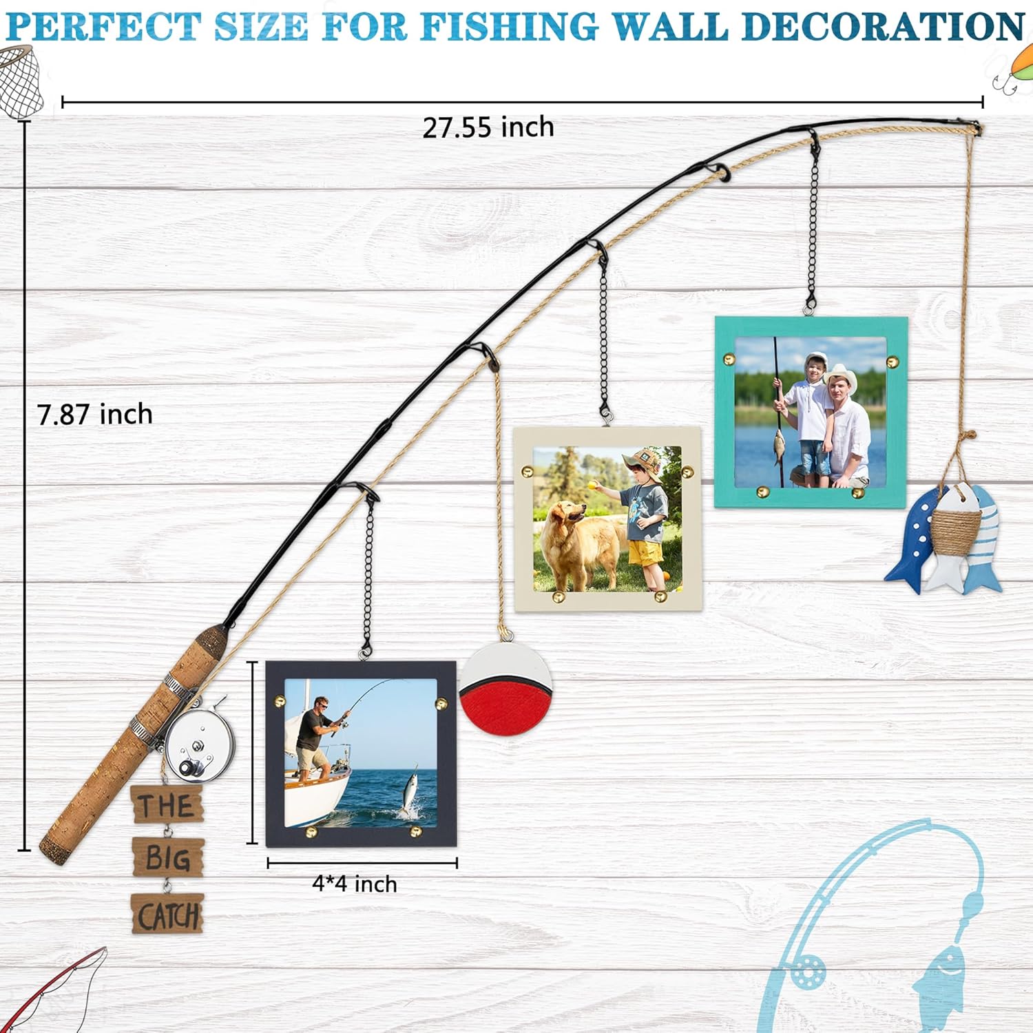 Wooden Fishing Pole Picture Frame Wall Decor with Three 4"x4" Picture Frames,Real Fishing Rod Design,Fishing Gifts for Men,Hanging Fishing Decoration for Cabin,Lake House,Boys Room,Fishing Lovers,Fisherman, Easter